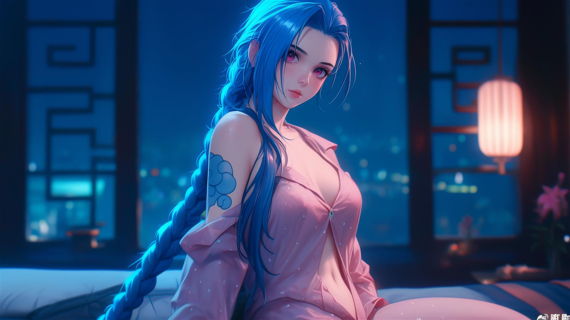 Jinx from League of Legends stands in moonlit apartment, pink eyes, blue hair, silk pajamas.
