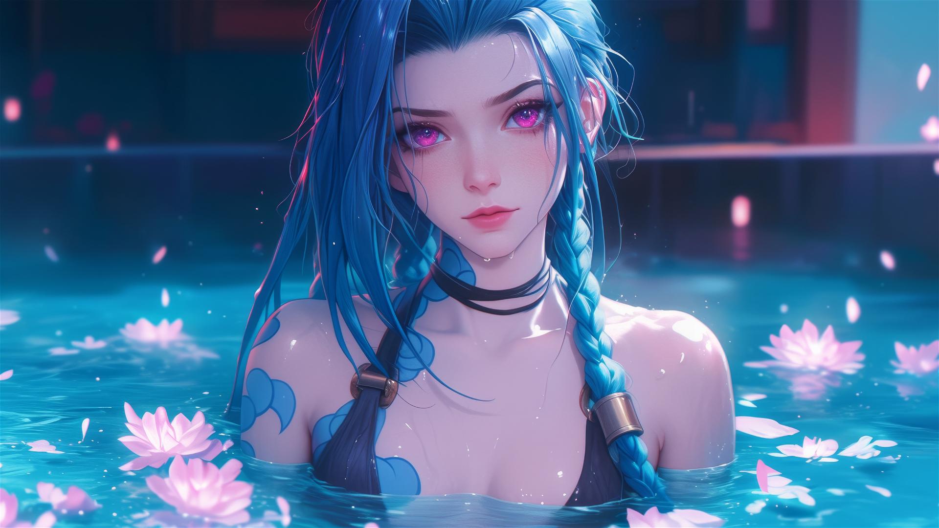 Jinx from League of Legends in a flower-filled tub, Chinese spa, pink eyes, blue hair.