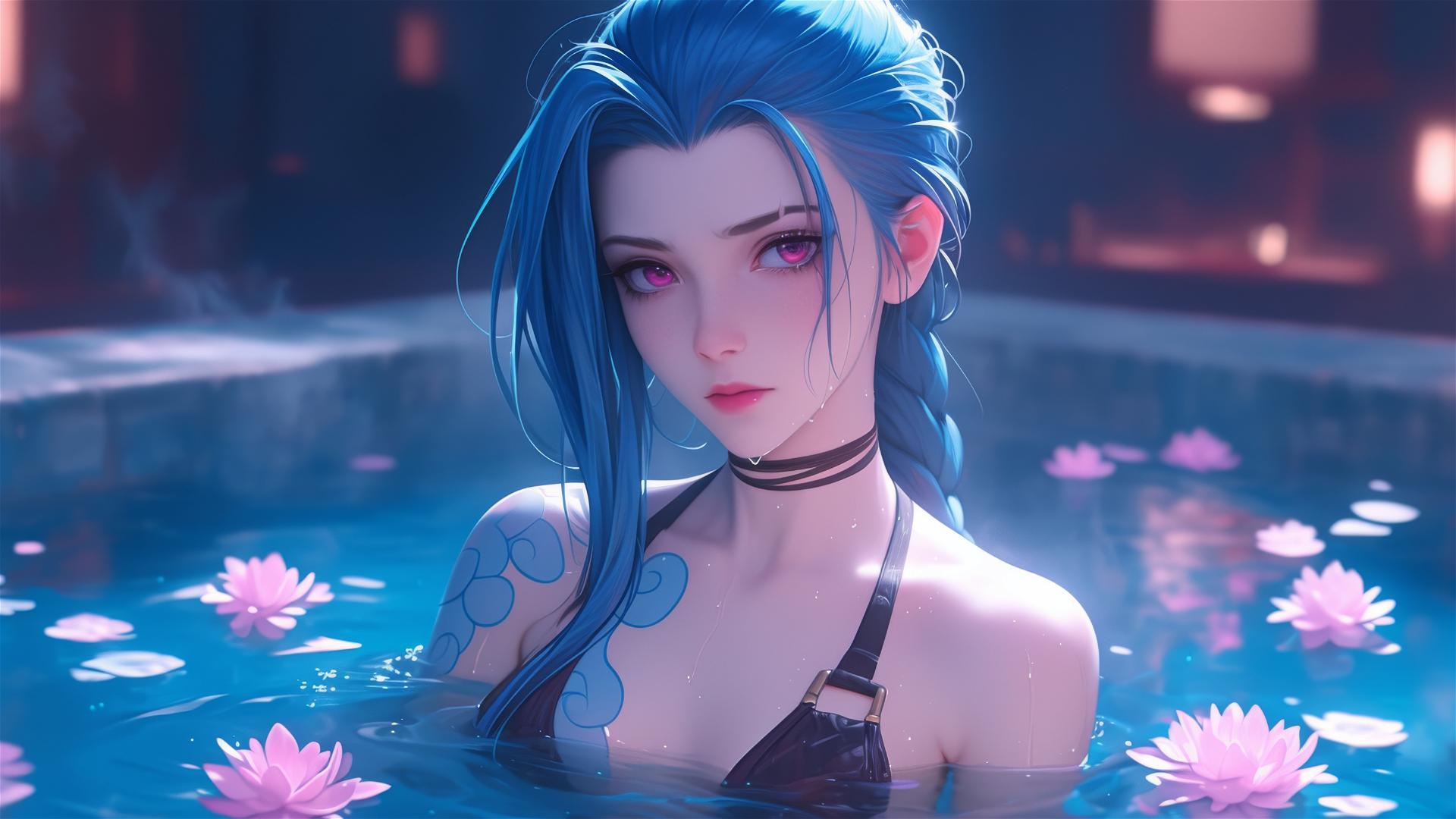 Jinx from League of Legends in a flower-filled tub at a Chinese spa.