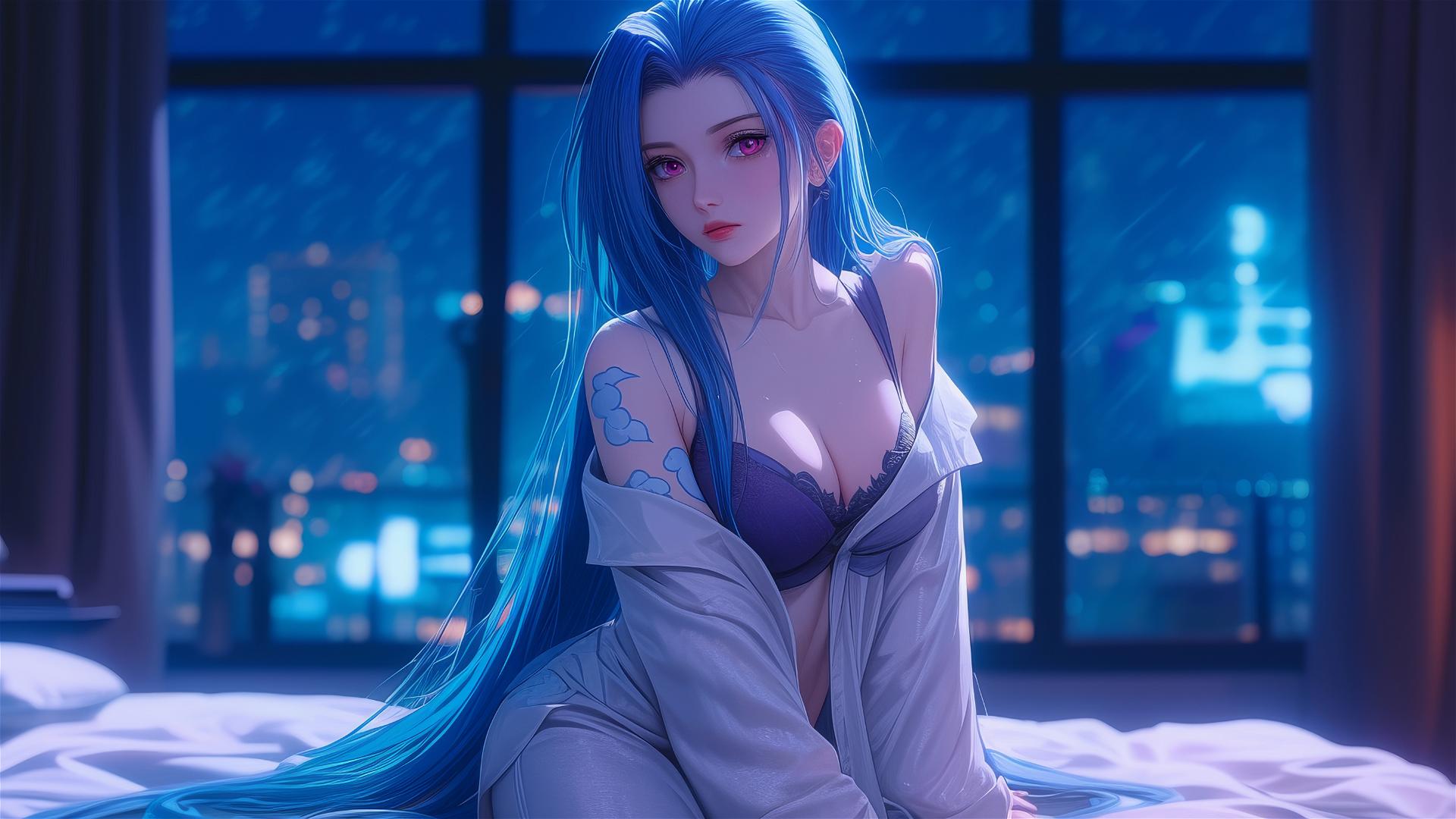 Jinx from League of Legends standing under moonlight in silk pajamas