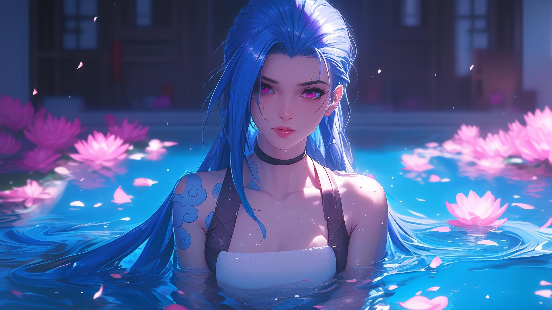 Jinx from League of Legends in a tub of flowers in a Chinese spa
