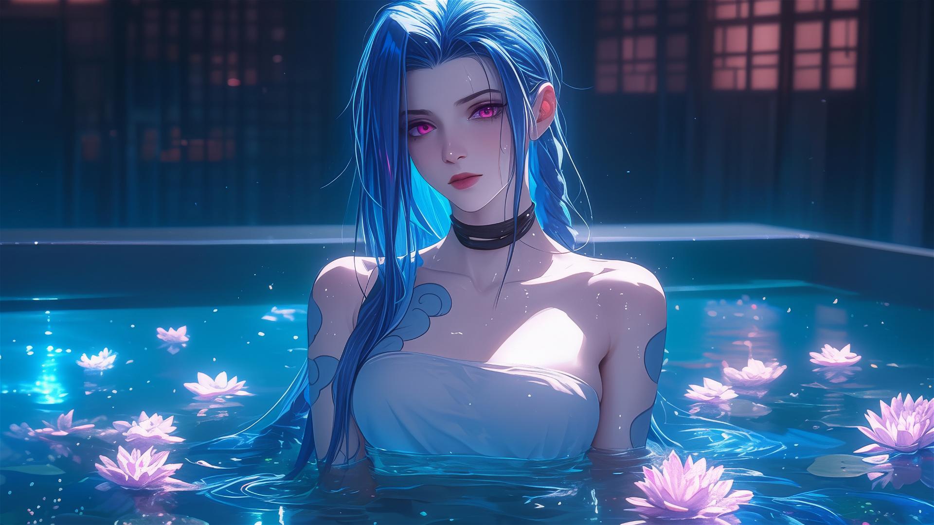 Jinx from League of Legends in a flower-filled tub at a Chinese spa