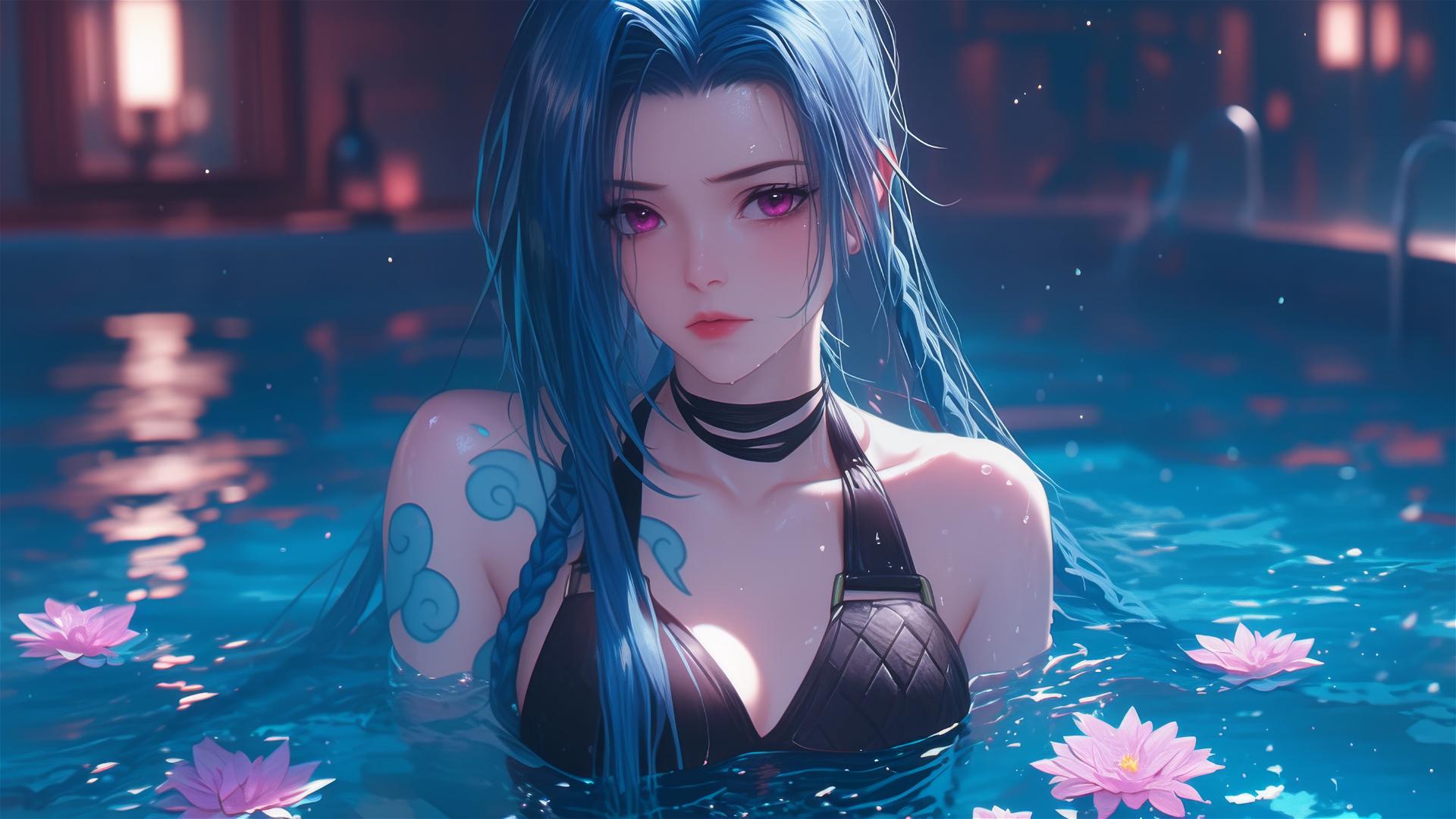 Jinx from League of Legends in a tub of flowers at a Chinese spa