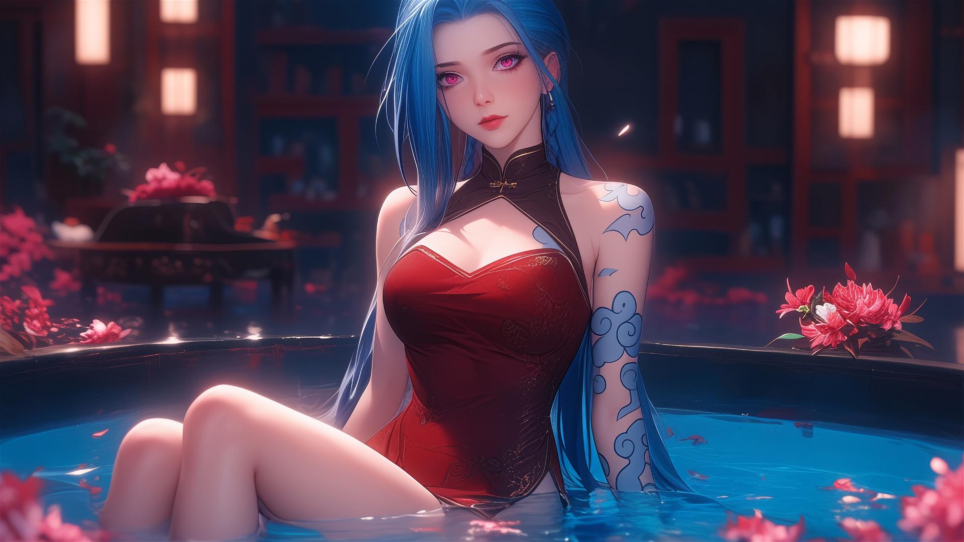 Jinx from League of Legends in a tub of flowers at a Chinese spa, pink eyes, blue hair