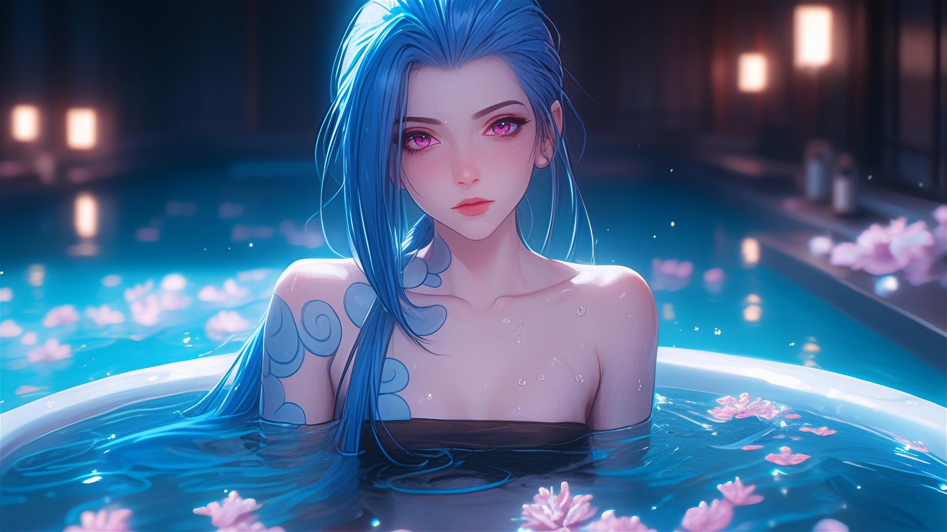 Jinx from League of Legends in a flower-filled tub at a Chinese spa with blue hair and pink eyes.