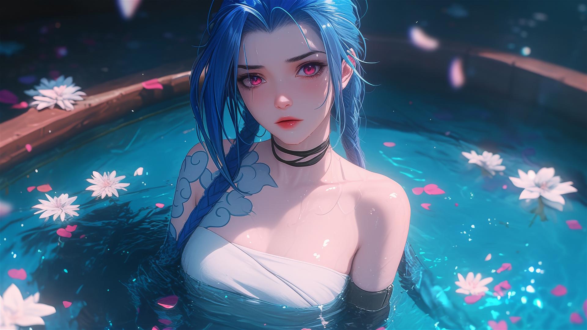 Jinx from League of Legends in a flower-filled tub at a Chinese spa.