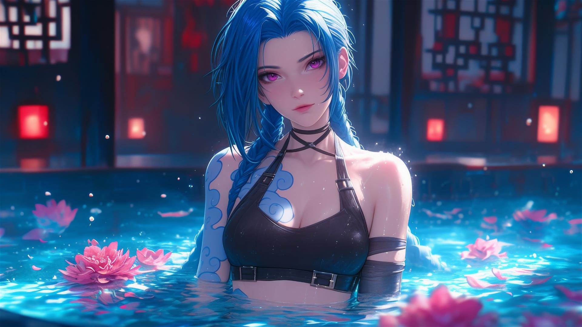 Jinx from League of Legends in a flower-filled tub in a Chinese spa