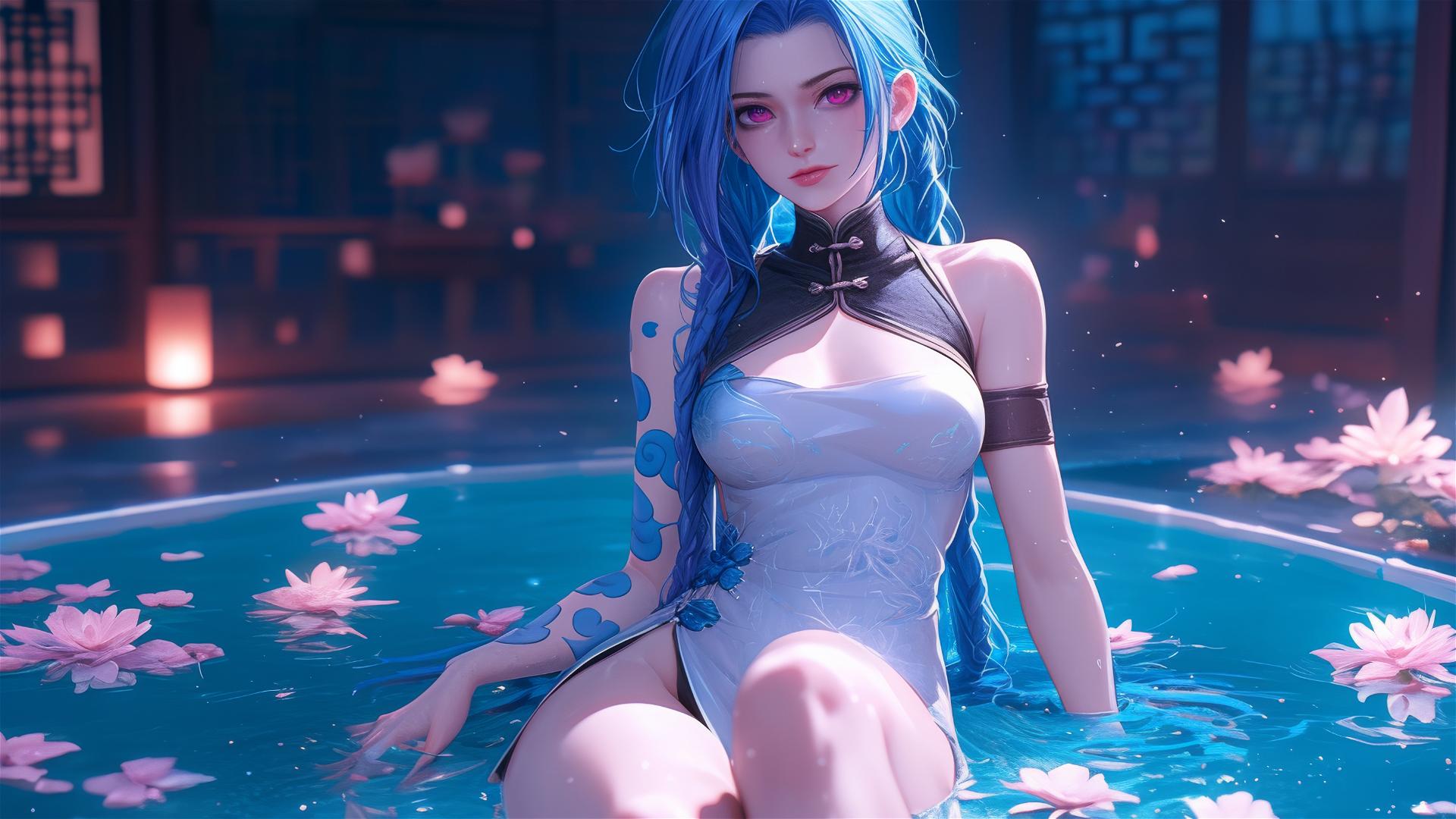 Full body shot of Jinx from League of Legends in a tub filled with flowers in a Chinese spa, pink eyes, blue hair.