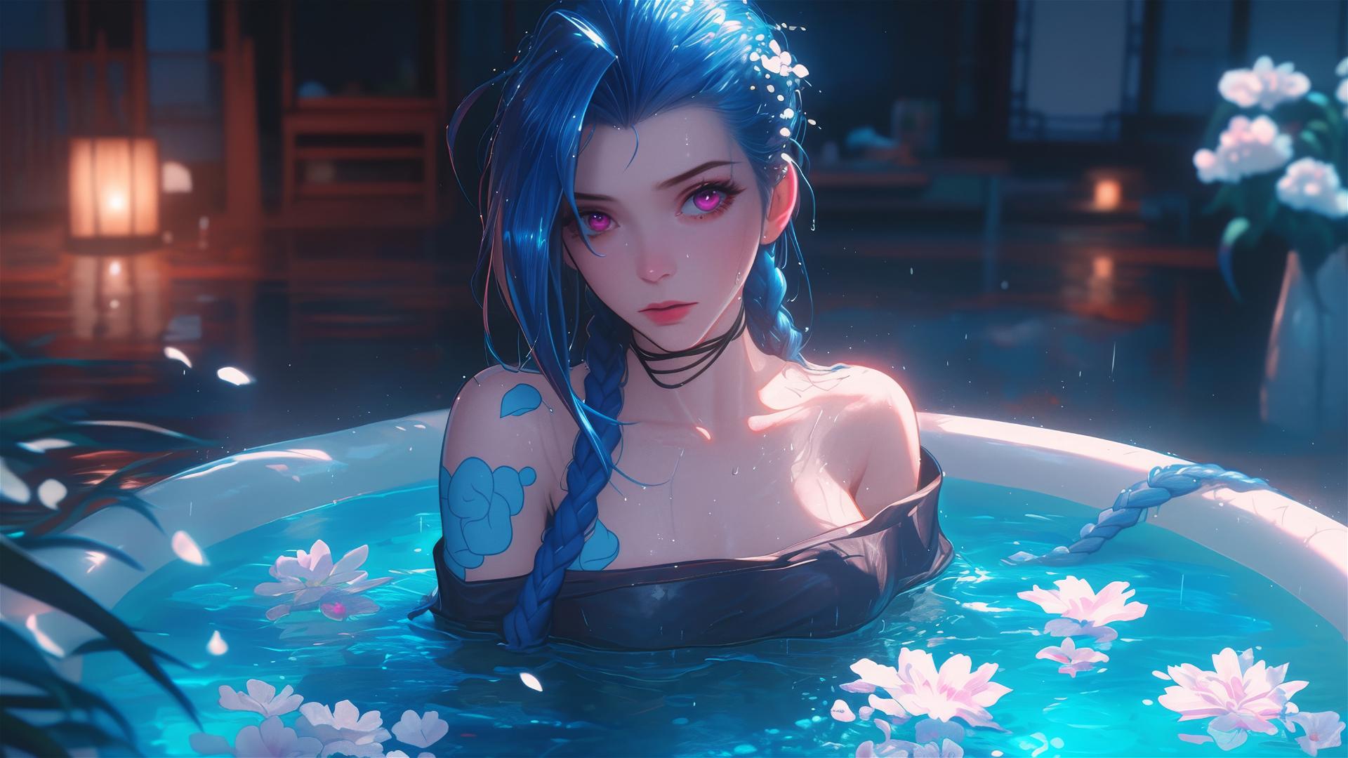 Jinx from League of Legends in a flower-filled tub at a Chinese spa