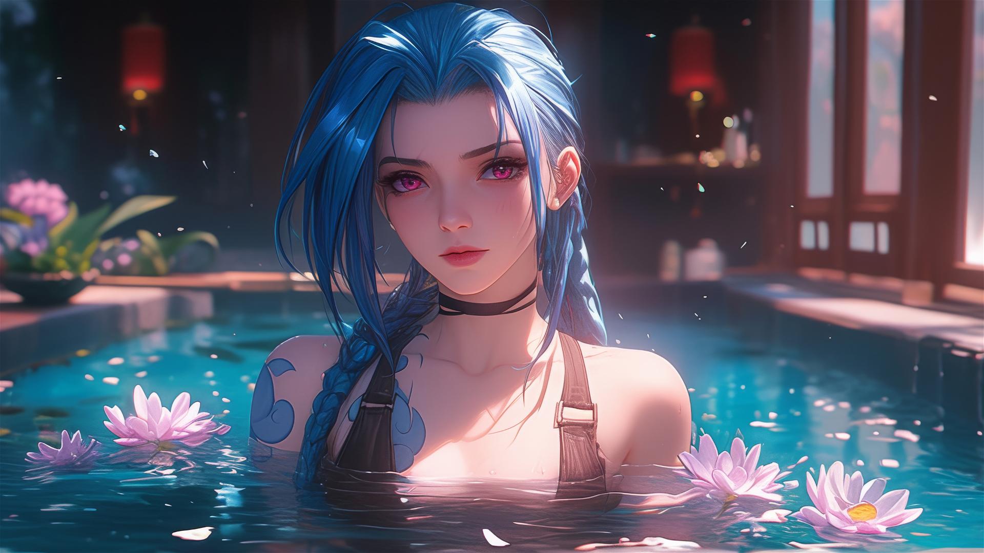 Jinx from League of Legends in a tub of flowers in a Chinese spa
