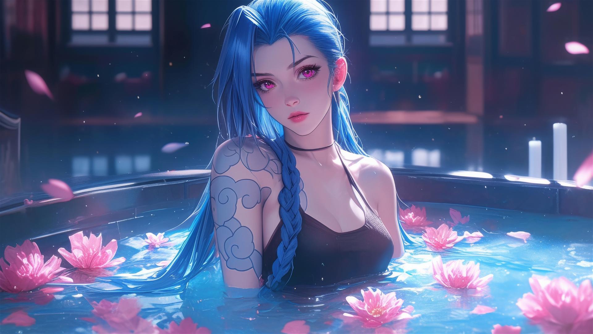 Jinx from League of Legends in a tub of flowers inside a Chinese spa