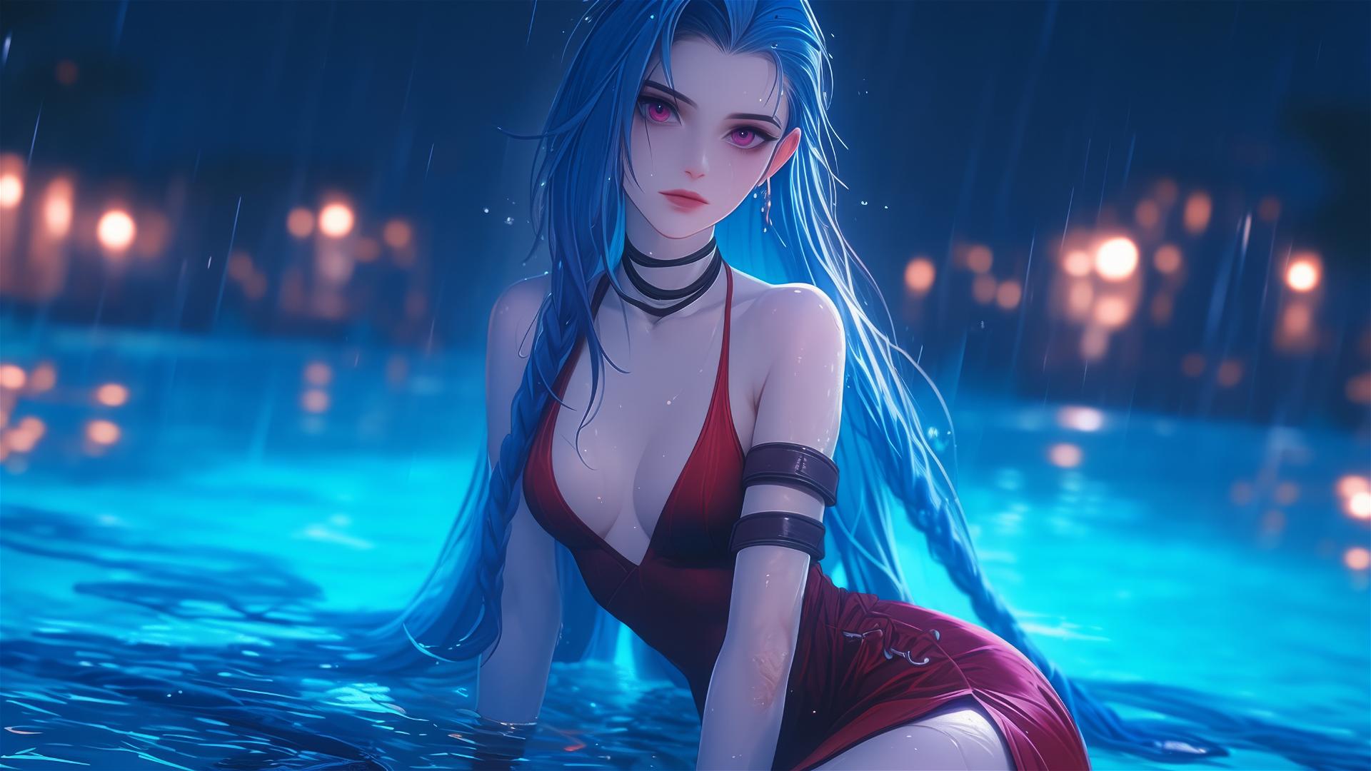 Jinx from League of Legends resting at a rainy swimming pool, moonlight glow