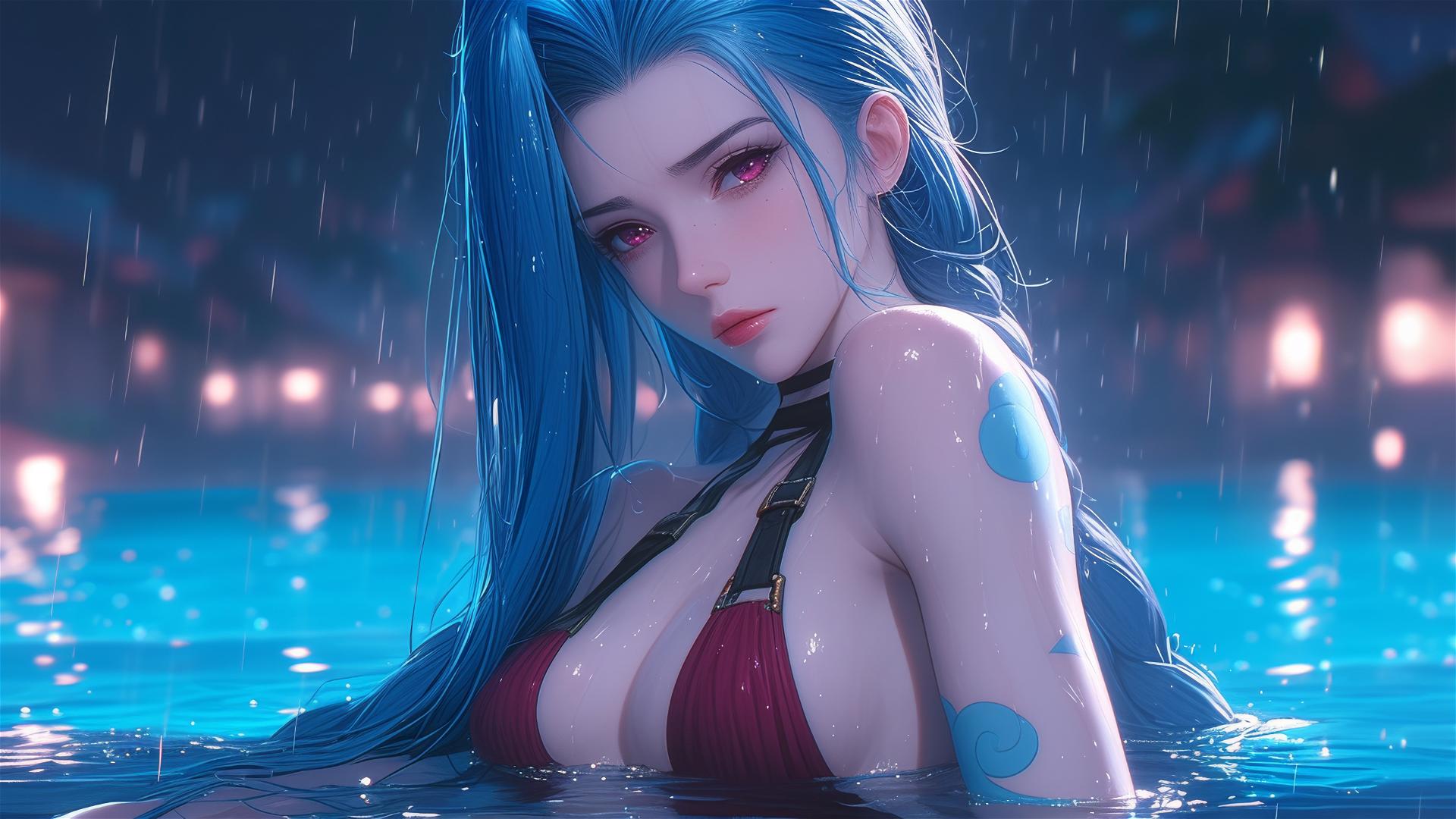 Jinx from League of Legends resting by a rainy swimming pool under moonlight