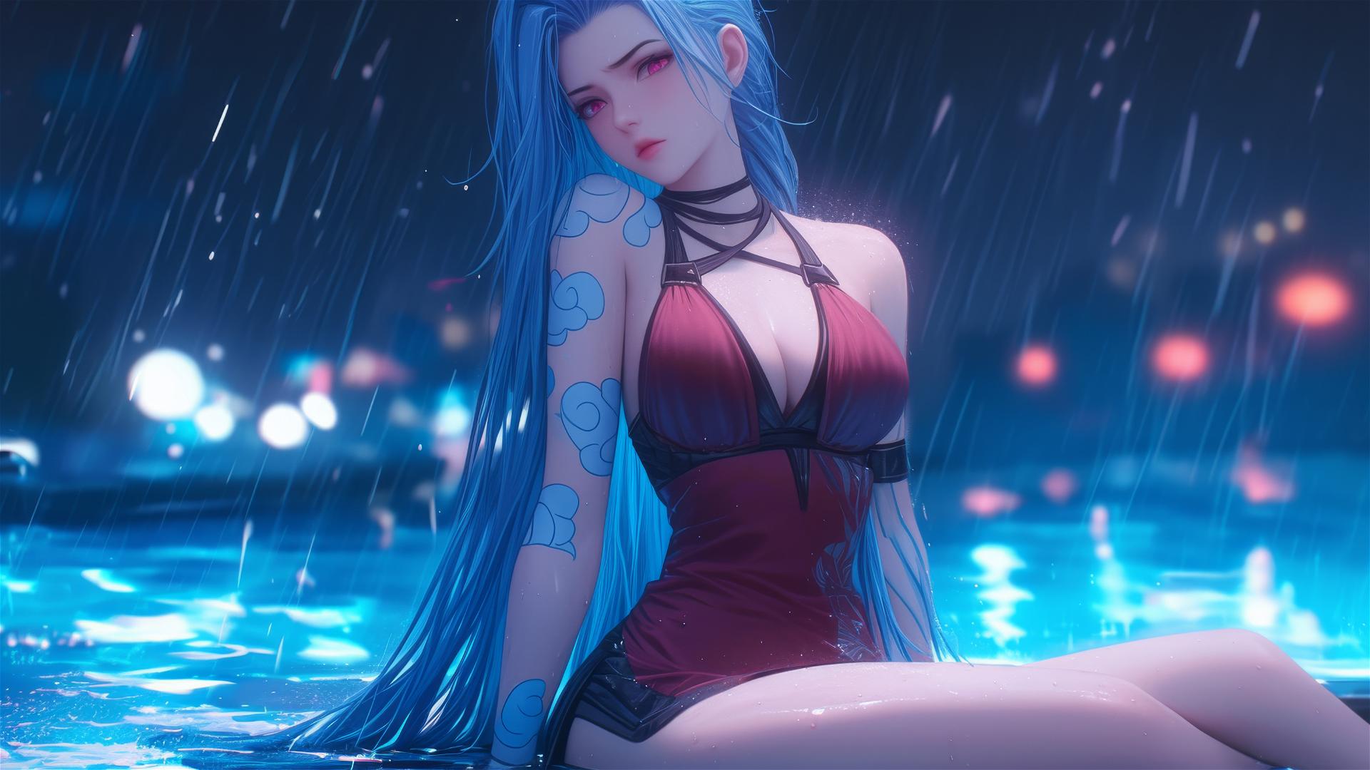 Jinx from League of Legends resting by a rainy swimming pool under moonlight