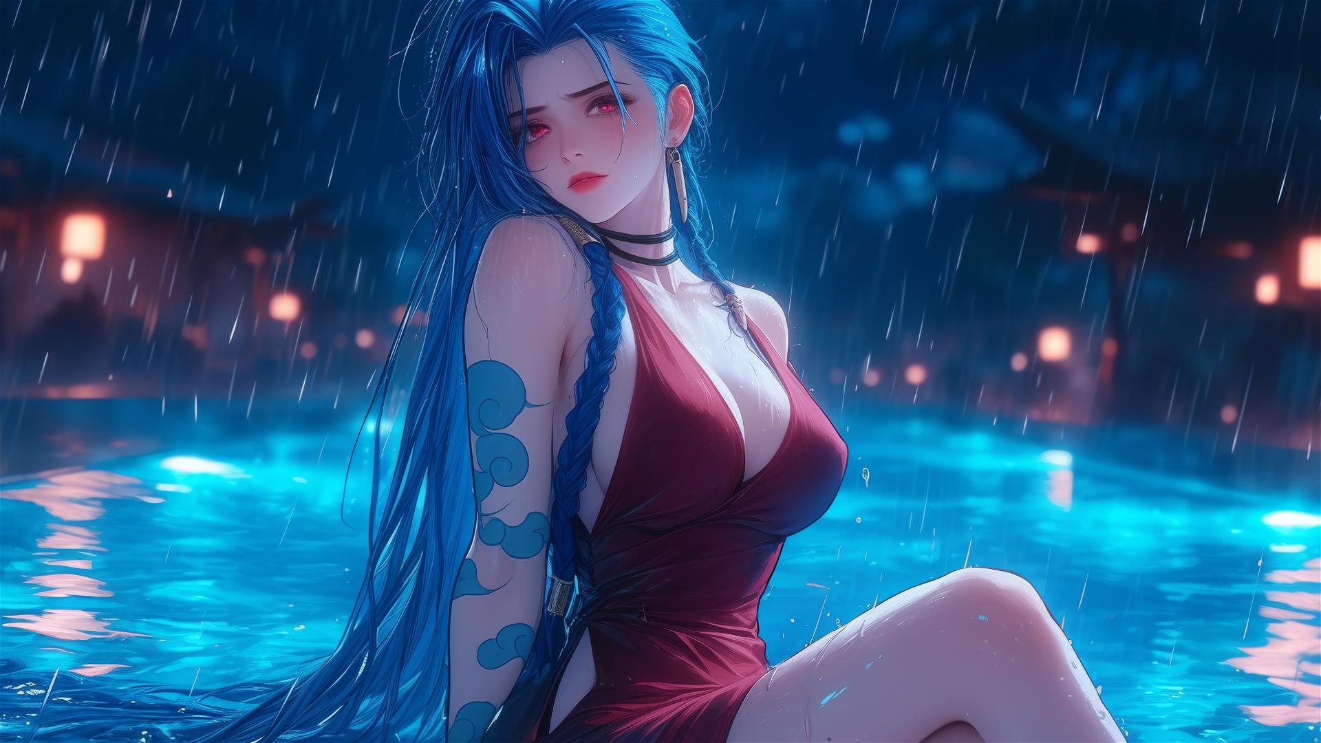 Jinx from League of Legends lounging by a rainy pool under moonlight