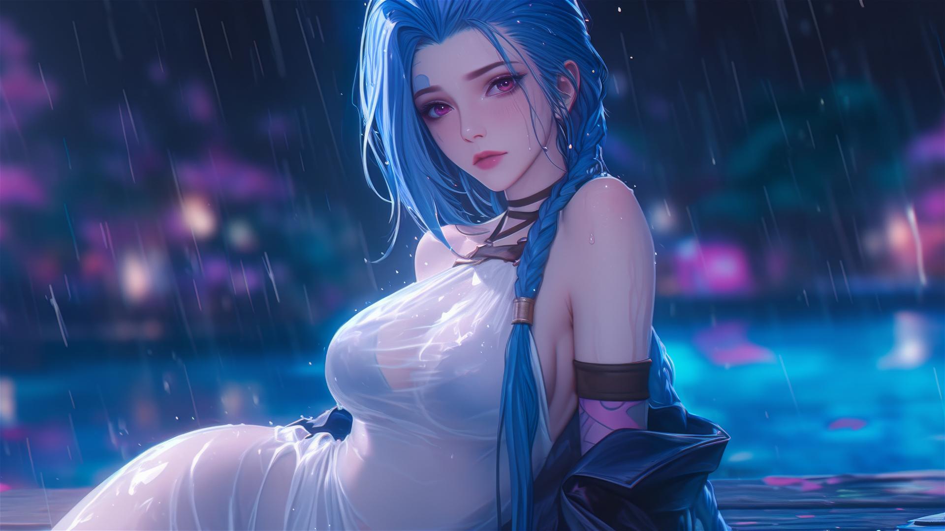 Jinx from League of Legends resting by a rainy pool