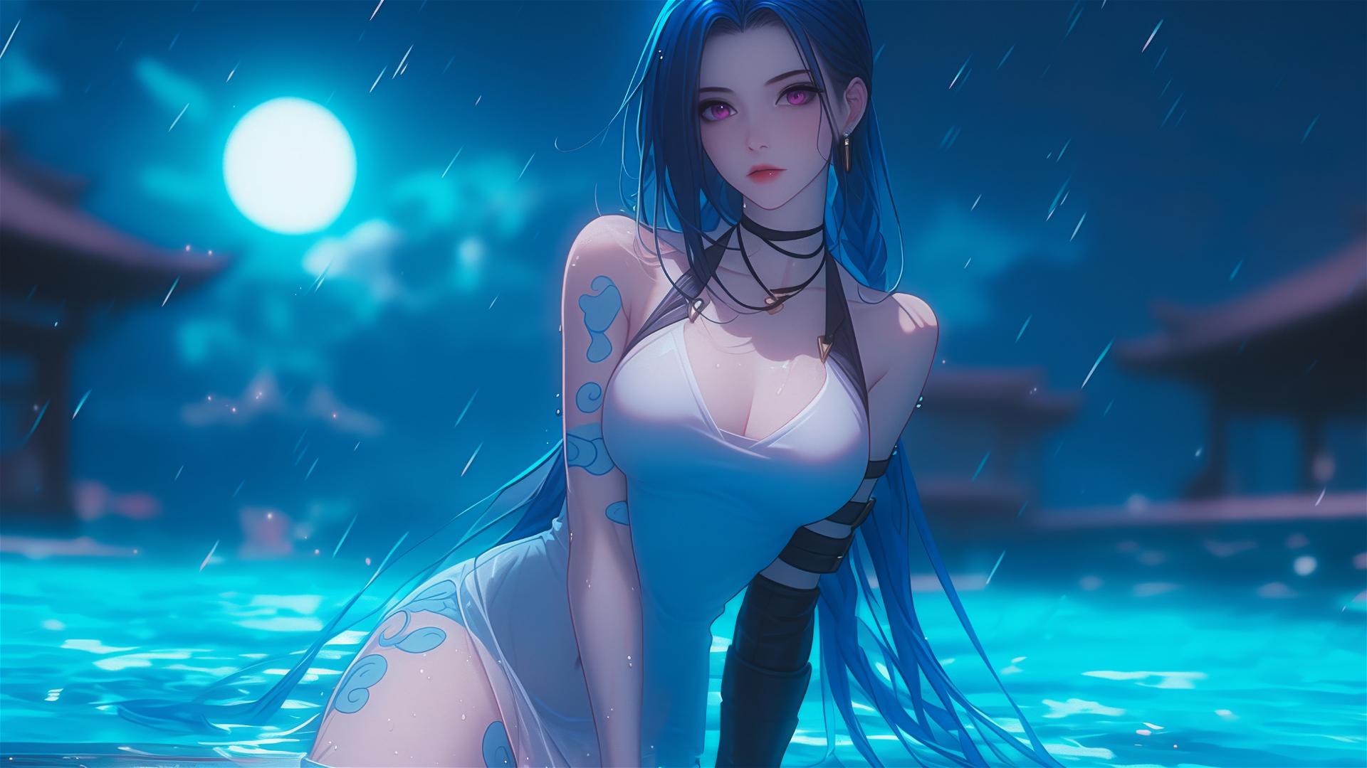 Jinx from League of Legends resting by a rainy swimming pool under moonlight