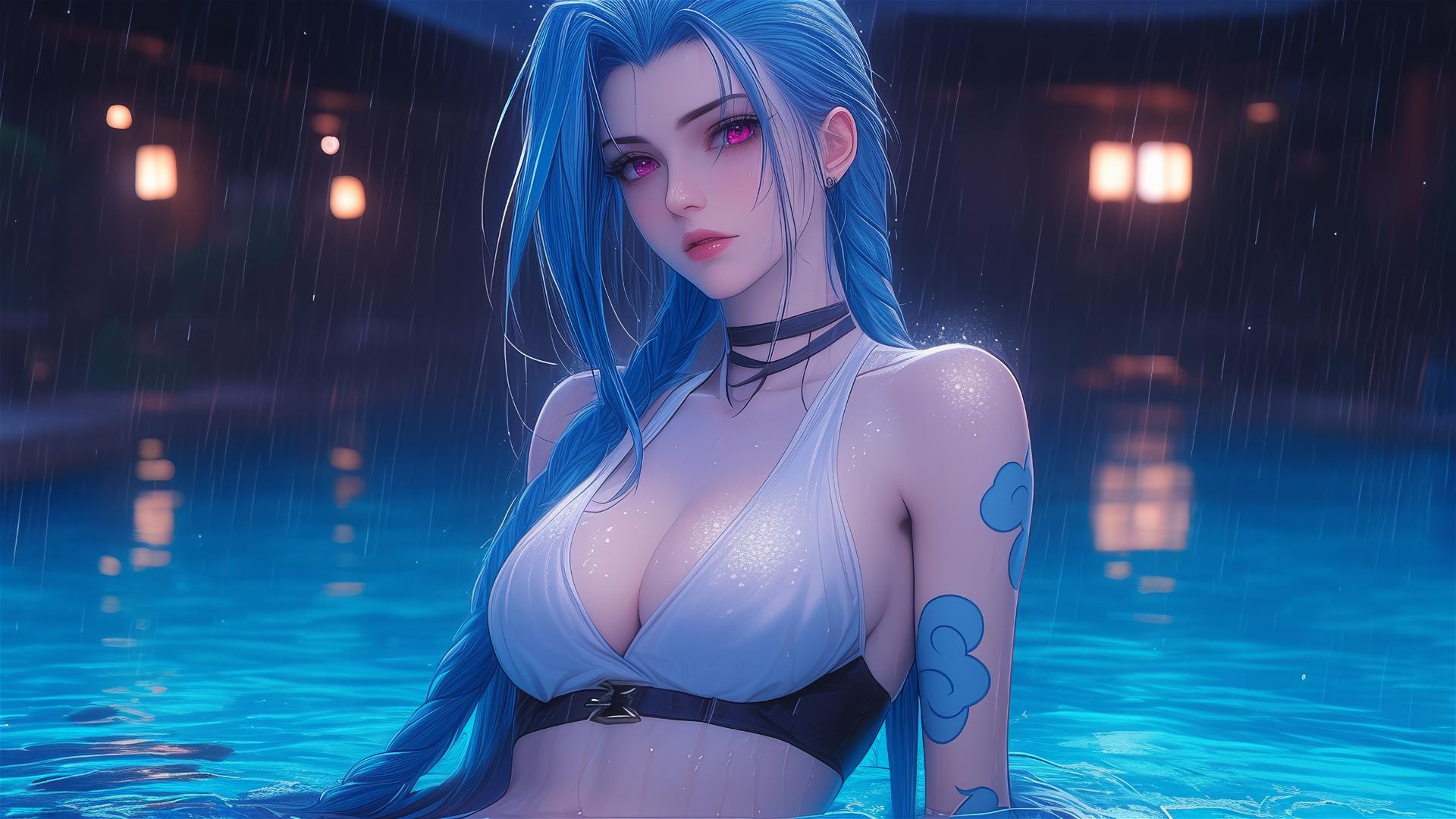 Jinx from League of Legends reclining at a rainy pool under moonlight with pink eyes.