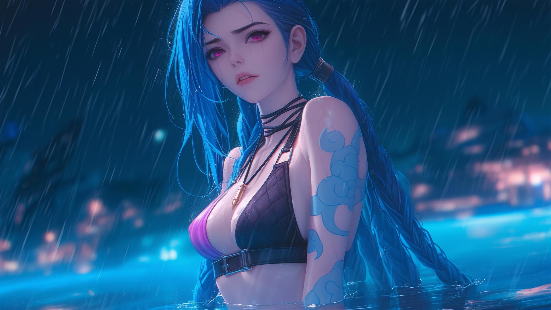 Jinx from League of Legends resting by a rainy pool in moonlight