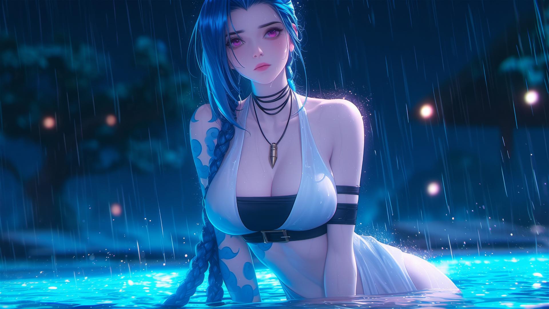 Jinx from League of Legends in a rainy pool with moonlight
