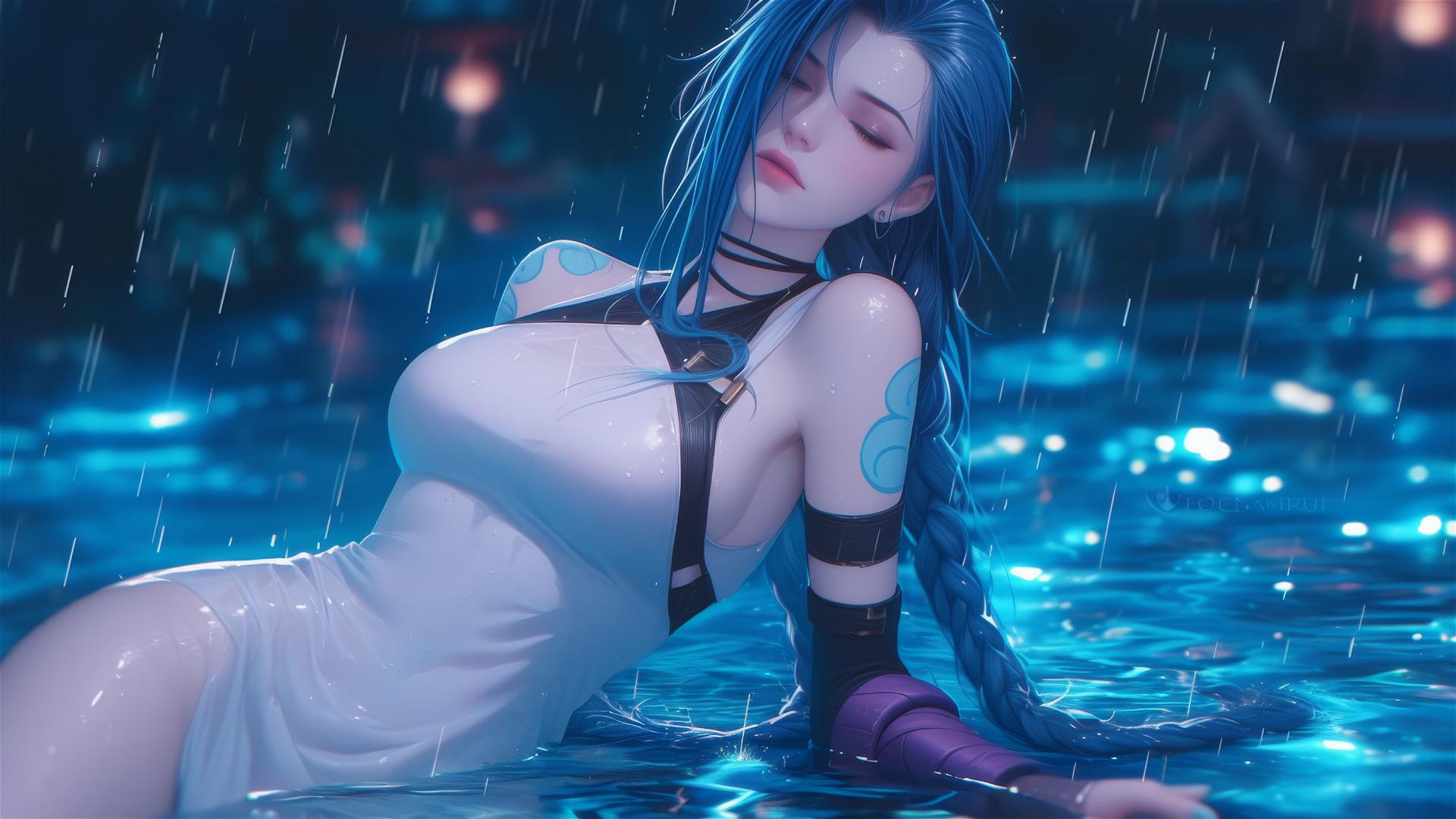 Jinx from League of Legends resting at a rainy swimming pool, moonlight glow, white dress