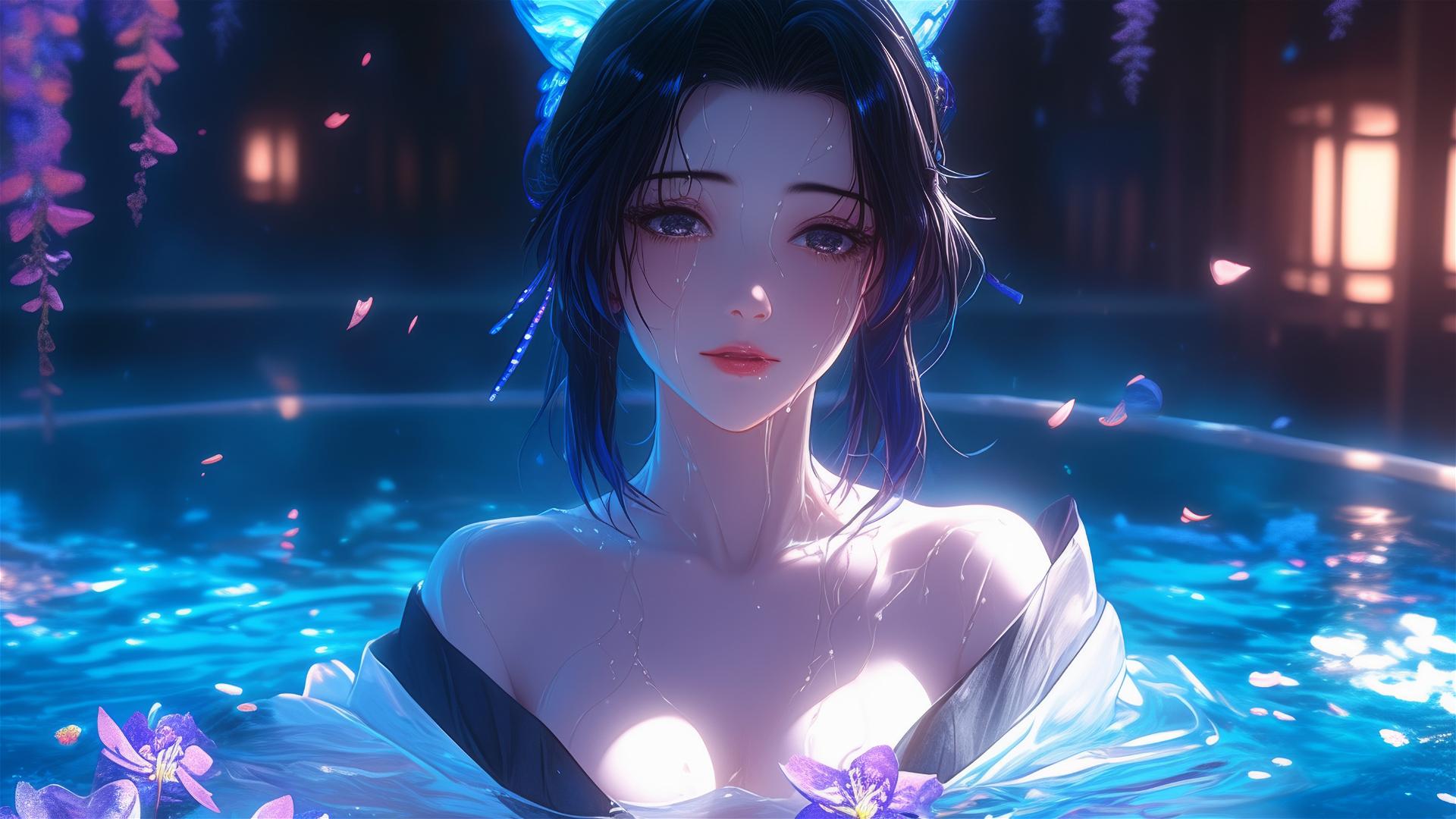 Shinobu Kocho in tub of flowers in Chinese spa