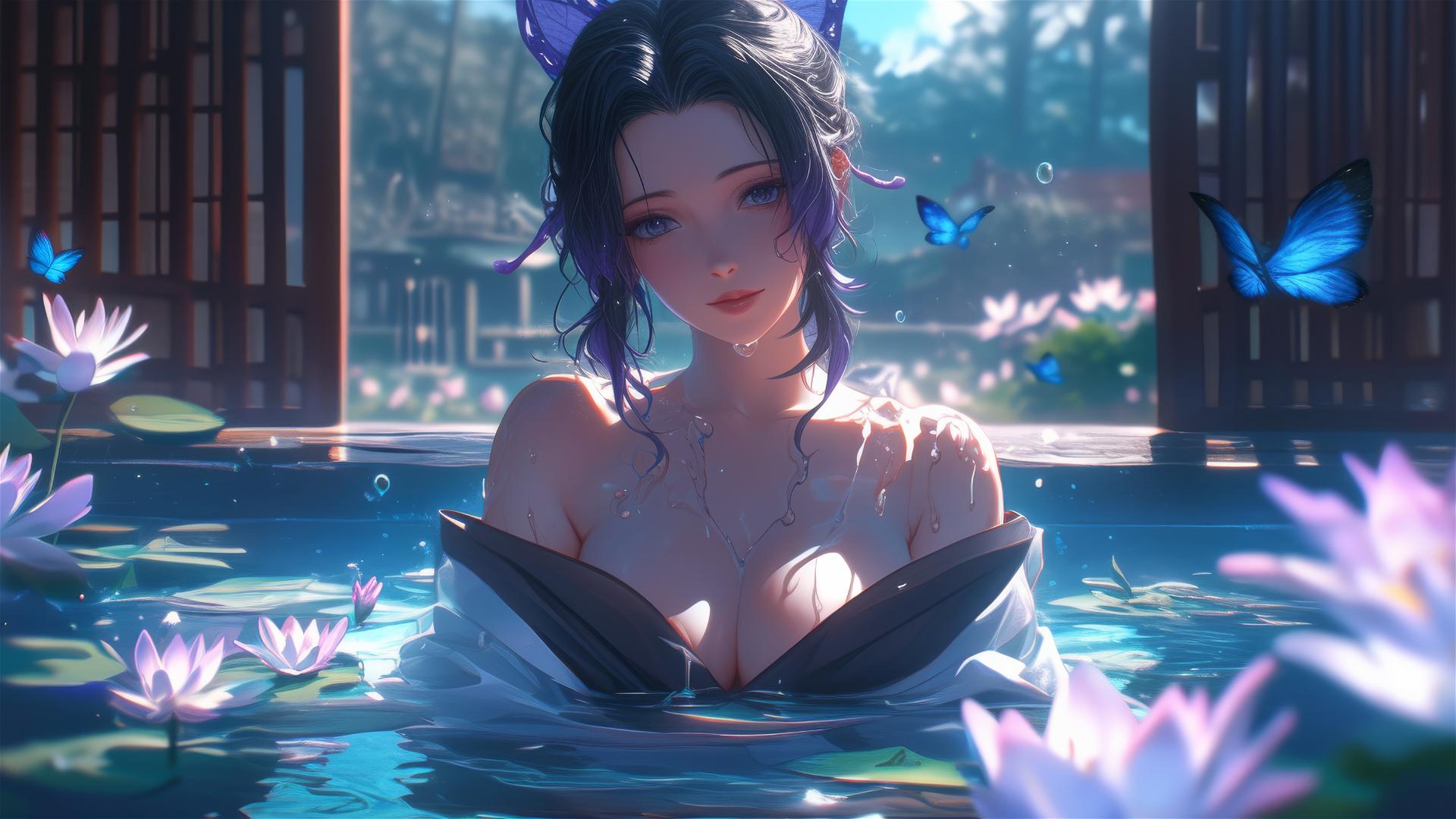 Shinobu Kocho in a flower-filled tub, Chinese spa