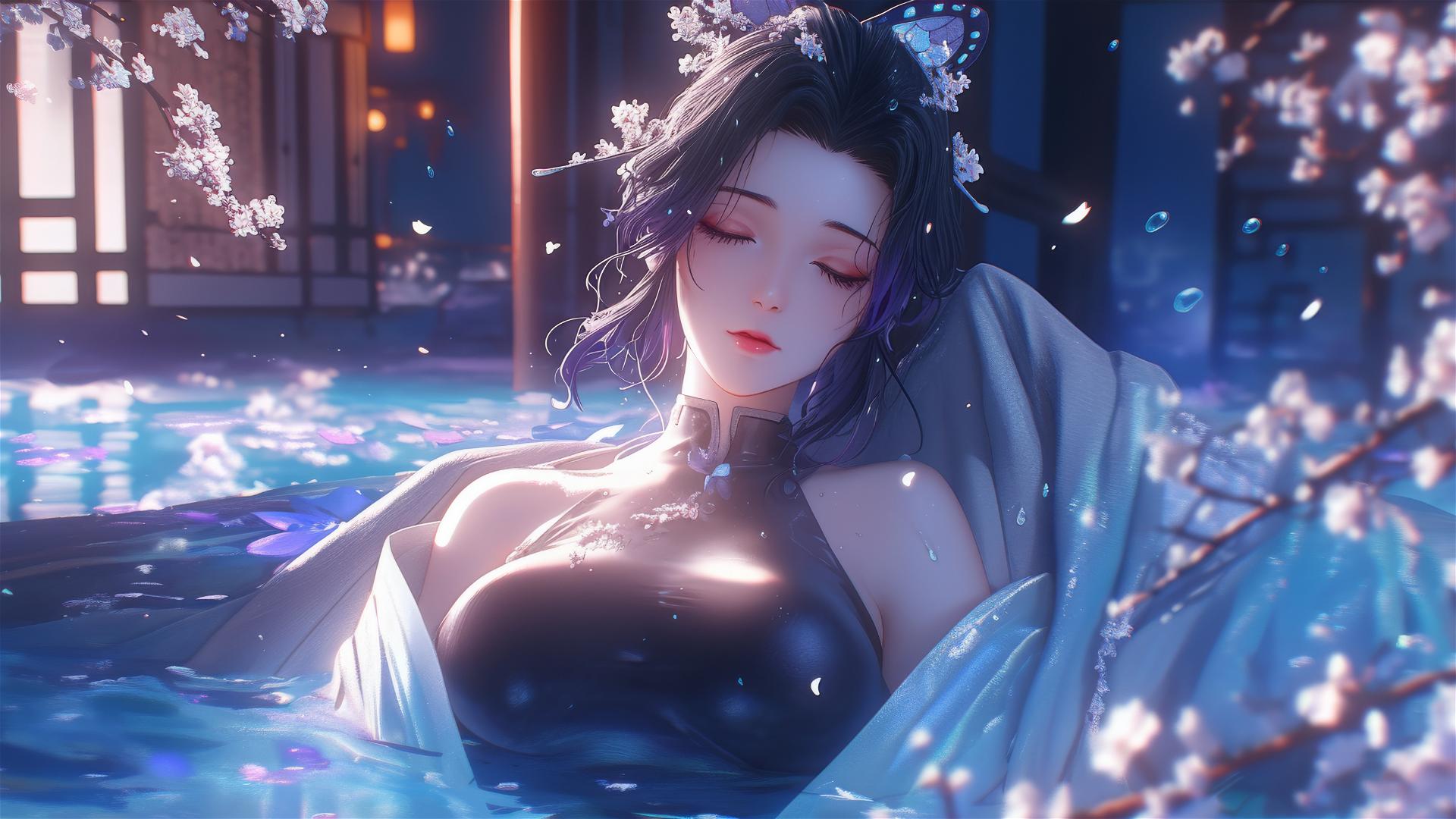 Shinobu Kocho from Demon Slayer in a flower-filled tub at a Chinese spa