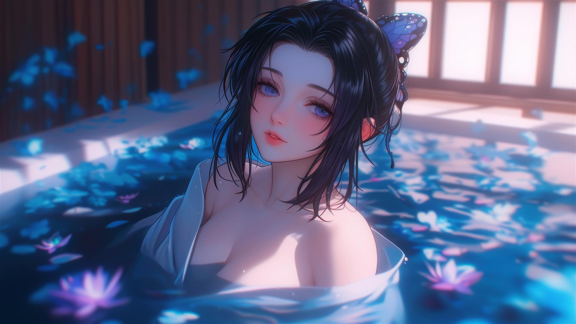 Shinobu Kocho from Demon Slayer in a tub full of flowers, Chinese spa