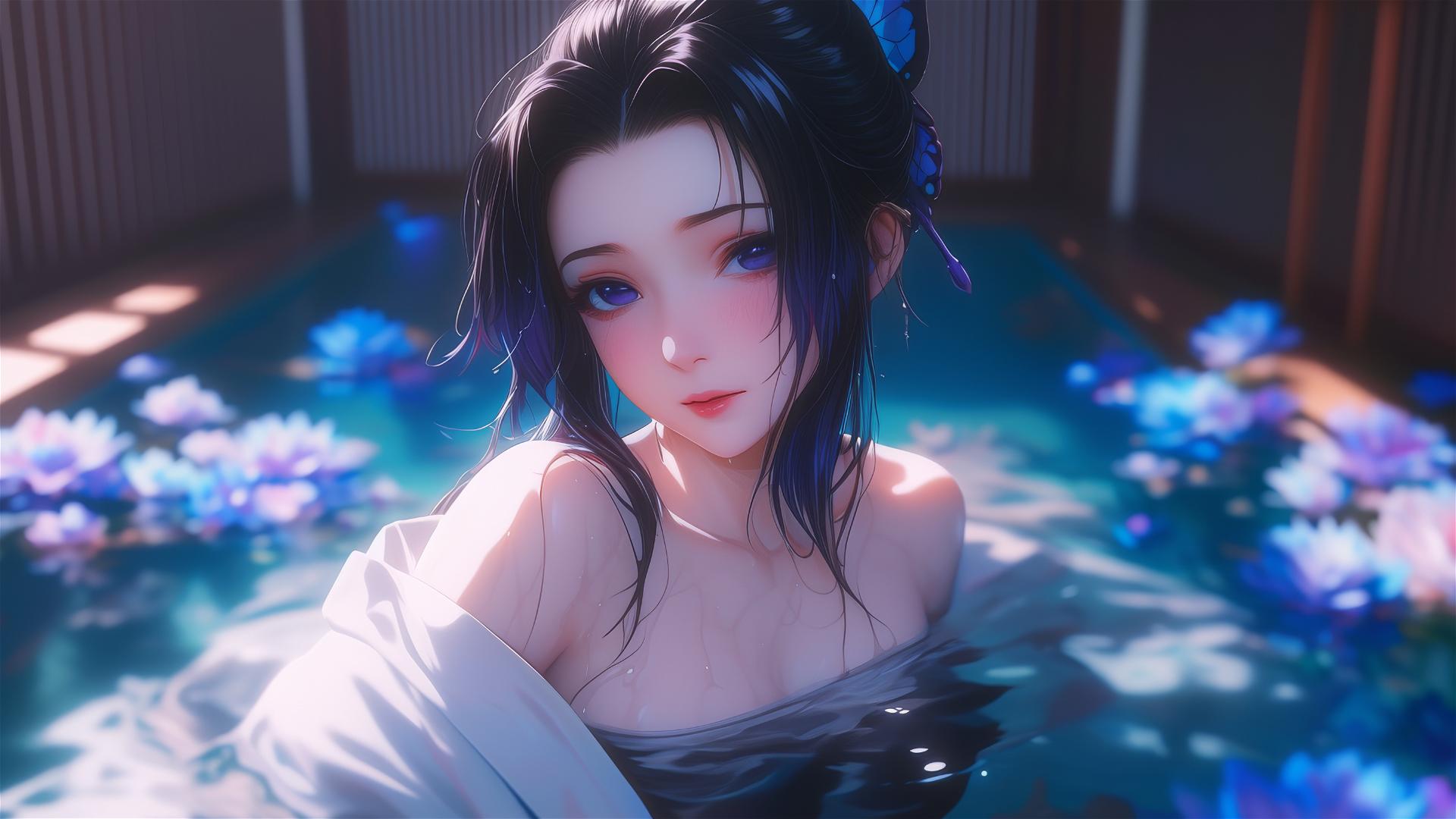 Shinobu Kocho from Demon Slayer in a tub full of flowers at a Chinese spa