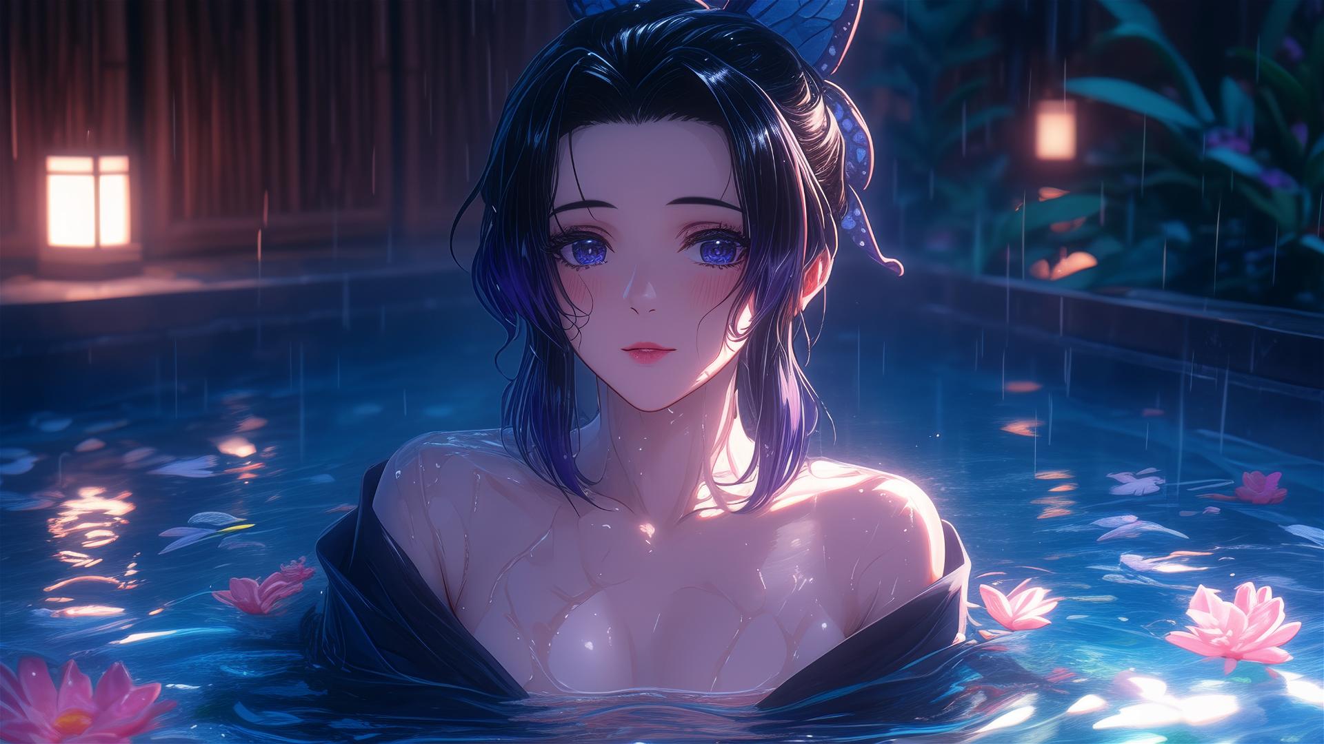 Shinobu Kocho from Demon Slayer in a tub full of flowers at a Chinese spa