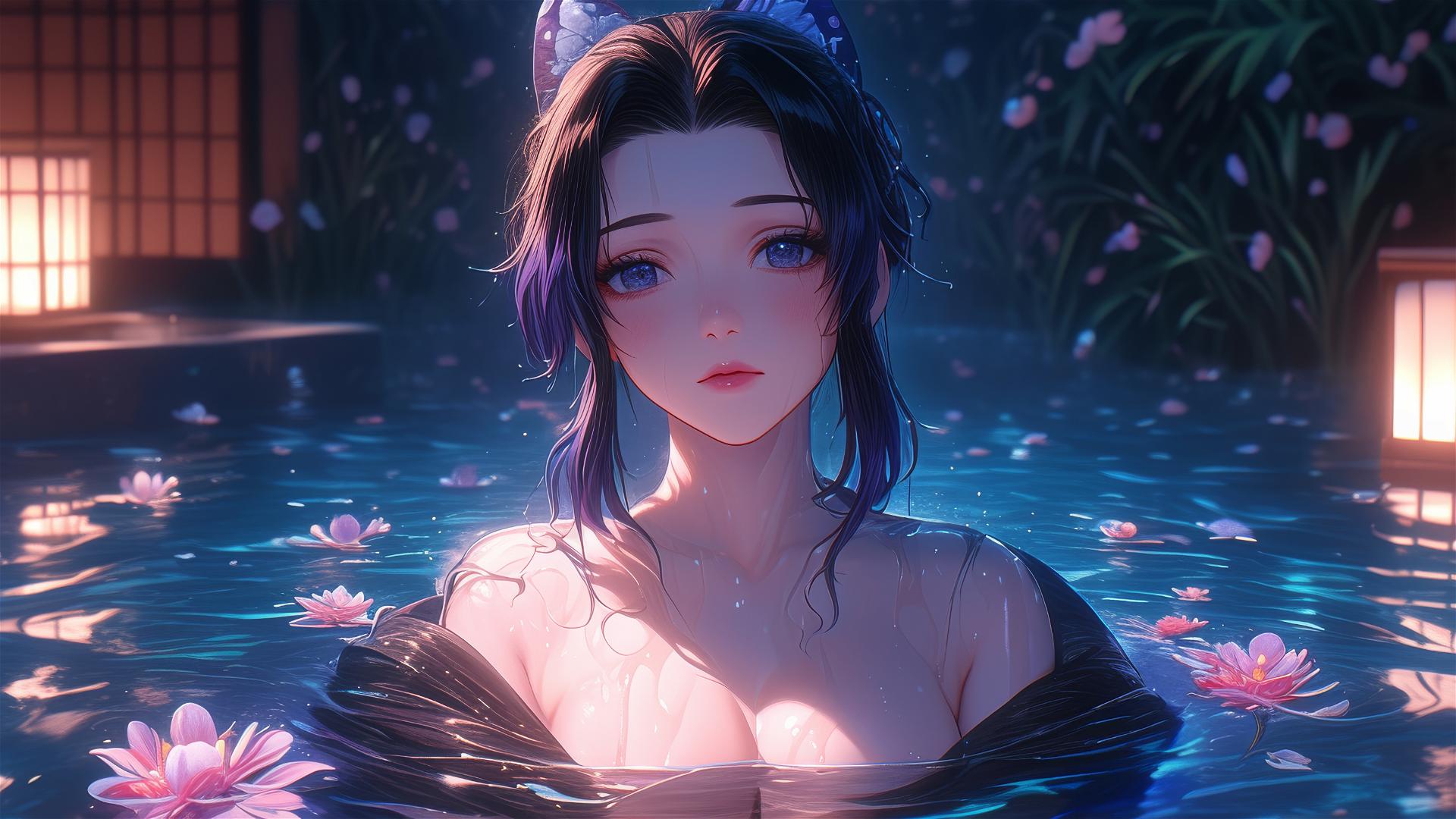 Shinobu Kocho in a flower-filled tub, Chinese spa, beautiful scene