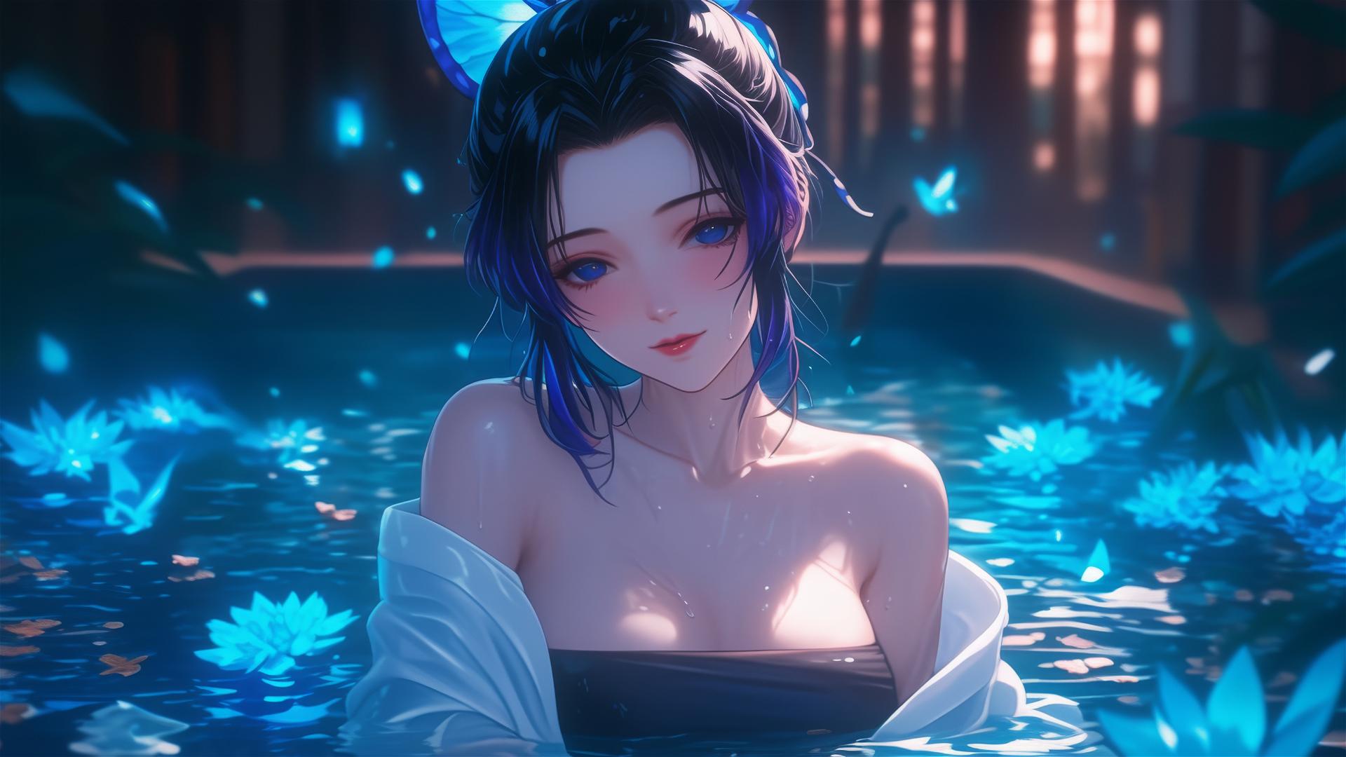 Shinobu Kocho from Demon Slayer in a flower-filled tub at a Chinese spa