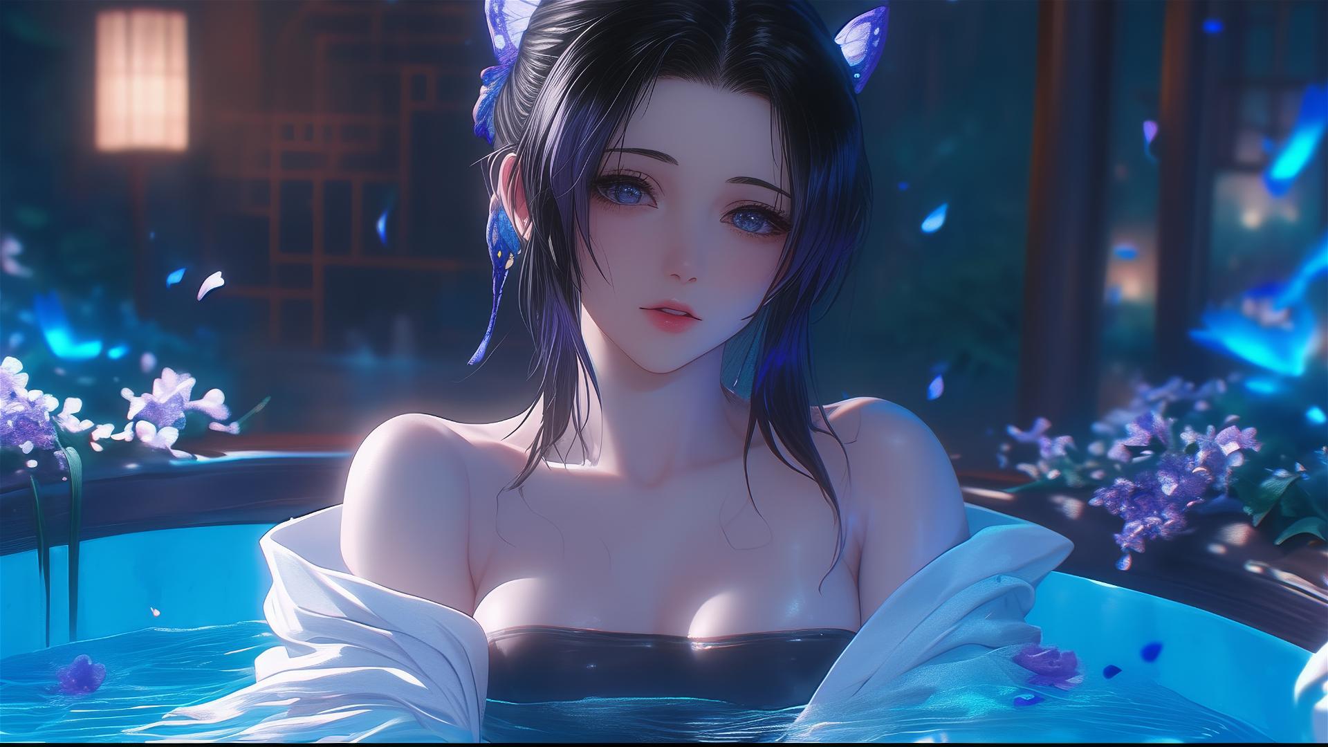 Shinobu Kocho from Demon Slayer in a flower-filled tub at a Chinese spa