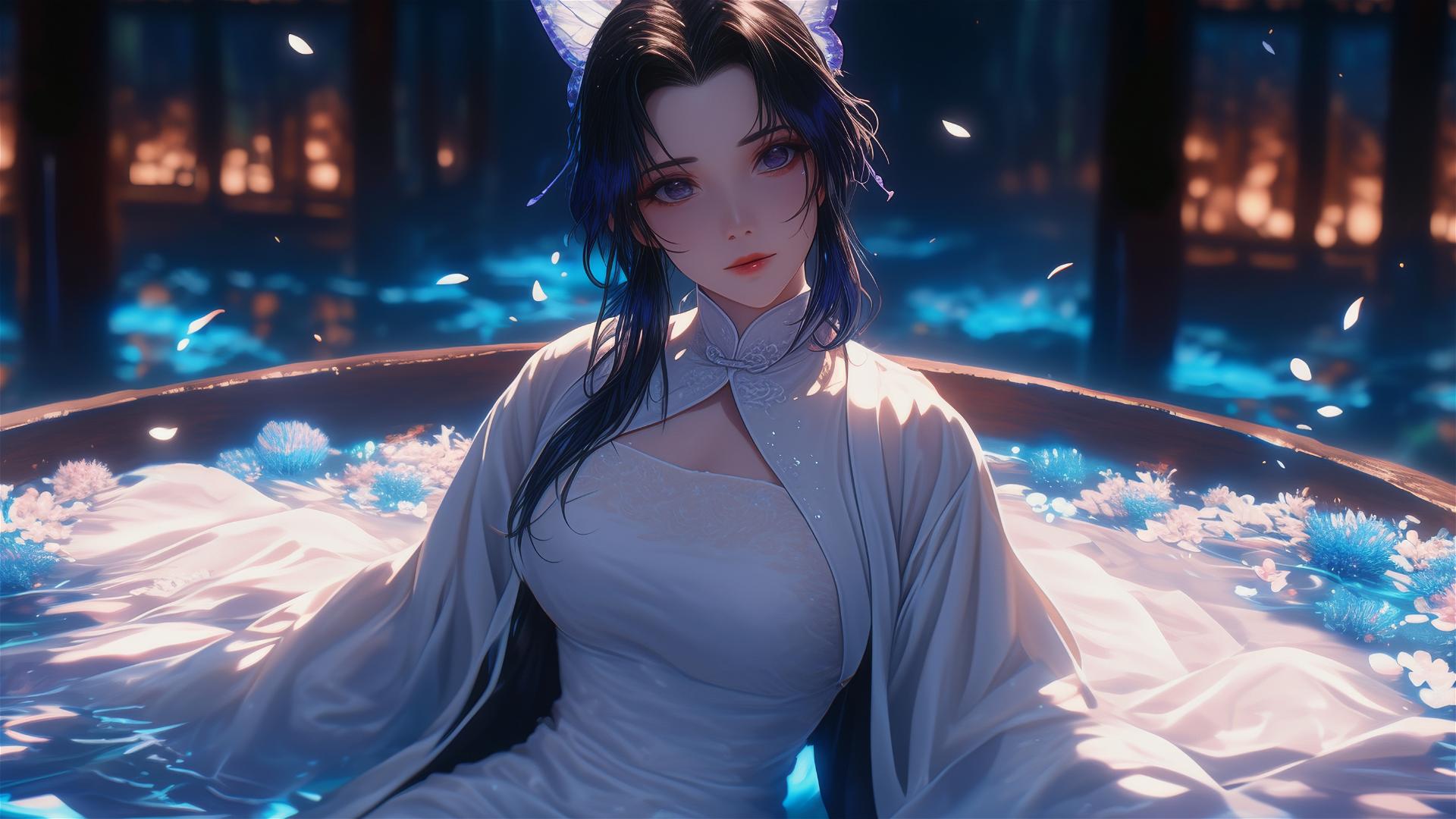 Shinobu Kocho in a white dress in a flower-filled tub