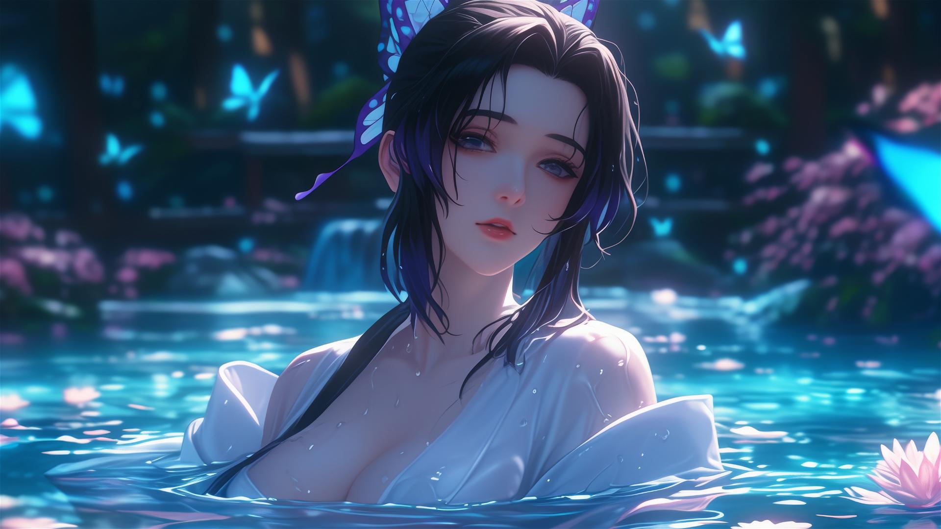 Shinobu Kocho in a white dress inside a tub full of flowers in a Chinese spa