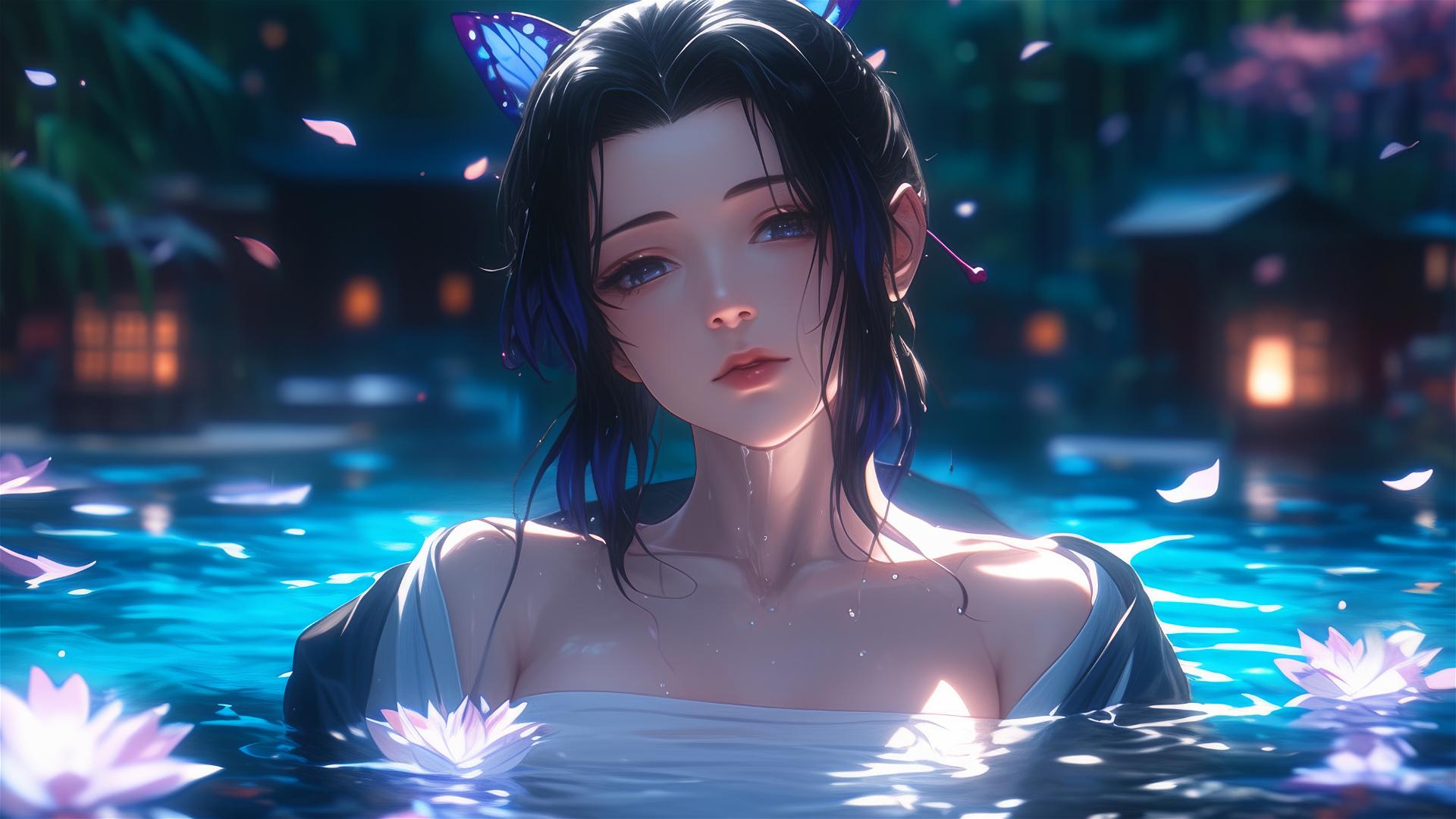 Shinobu Kocho in white dress sitting in tub filled with flowers.