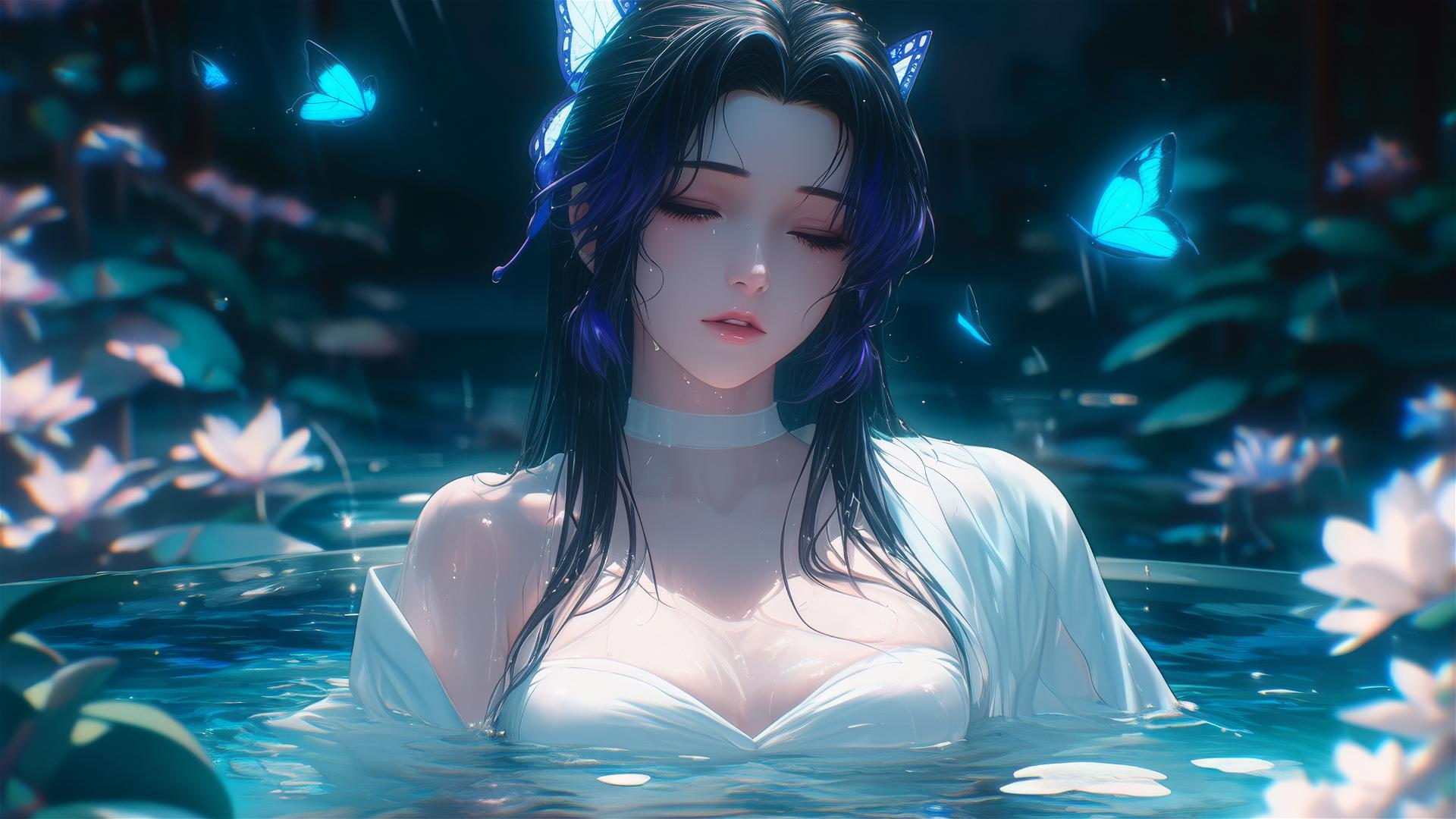 Shinobu Kocho from Demon Slayer in a white dress inside a tub full of flowers