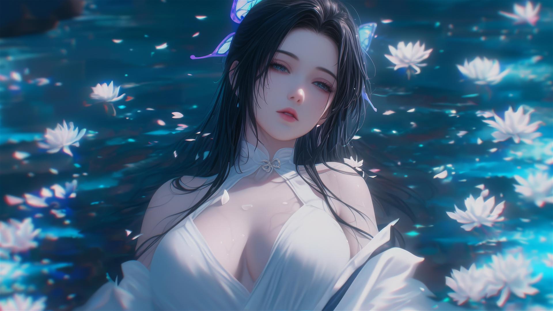 Shinobu Kocho in white dress in flower-filled tub at Chinese spa