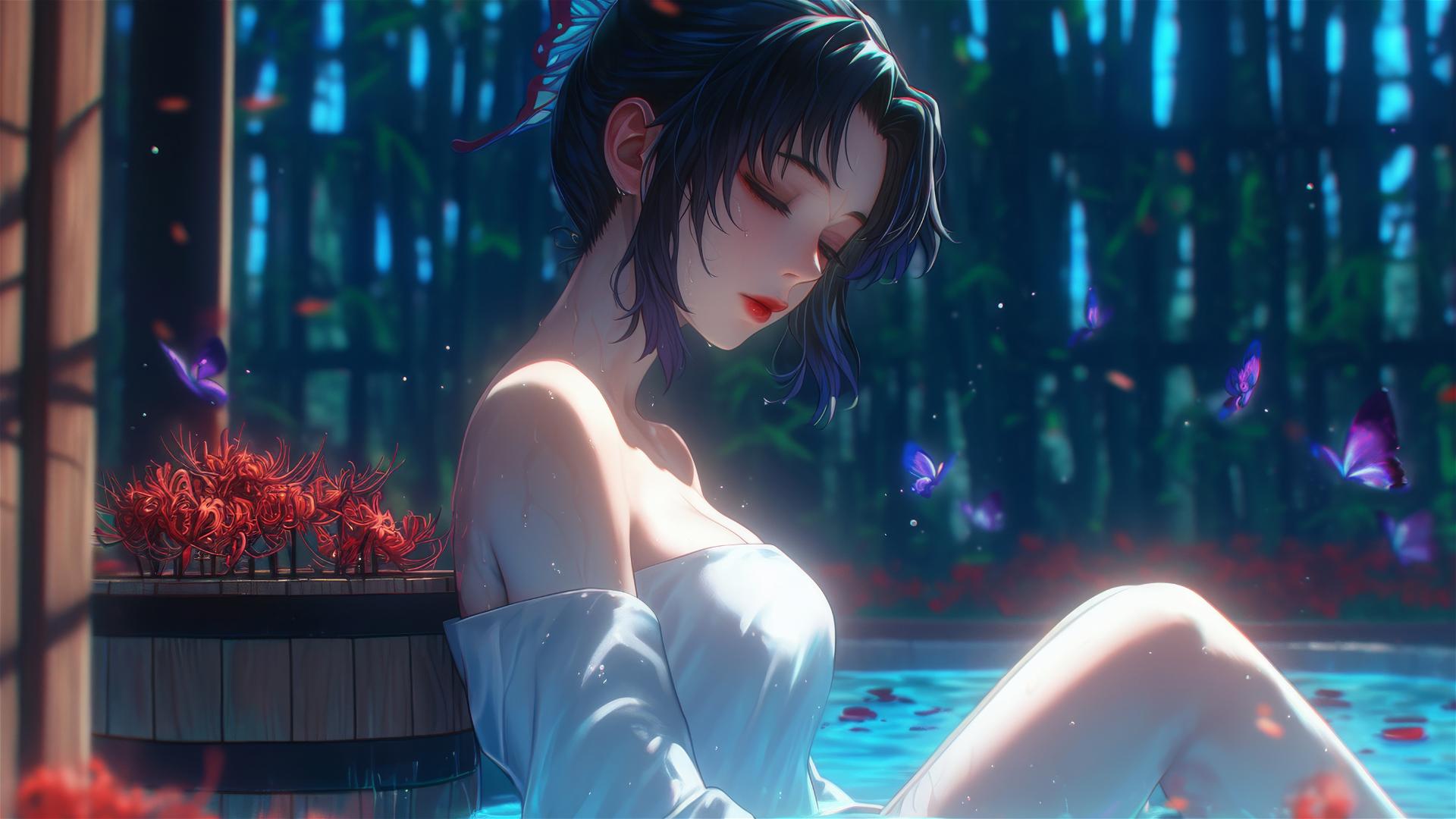 Shinobu Kocho from Demon Slayer in a tub full of flowers, wearing a pure white dress.
