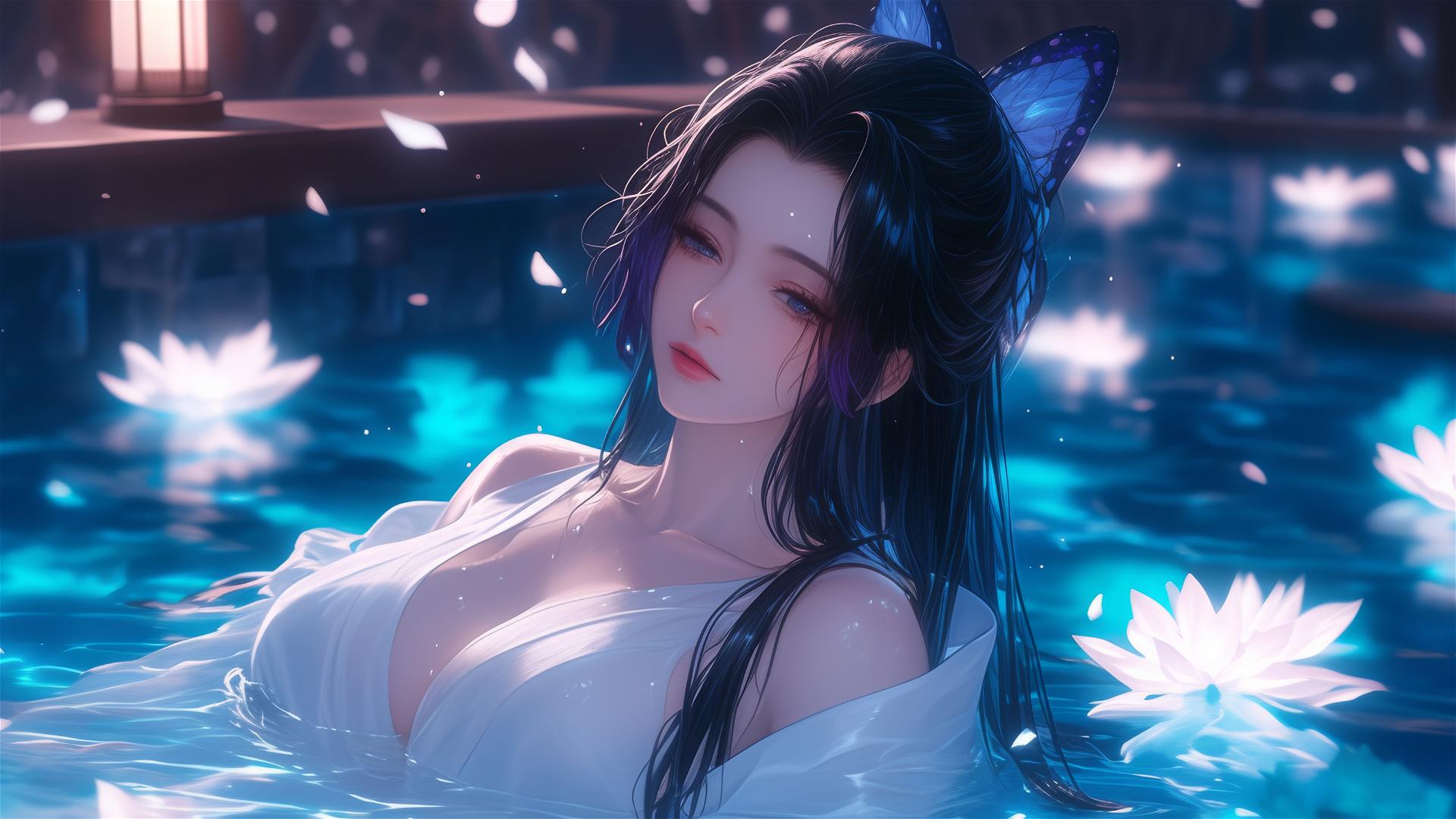 Shinobu Kocho in white dress in a flower-filled tub at a Chinese spa