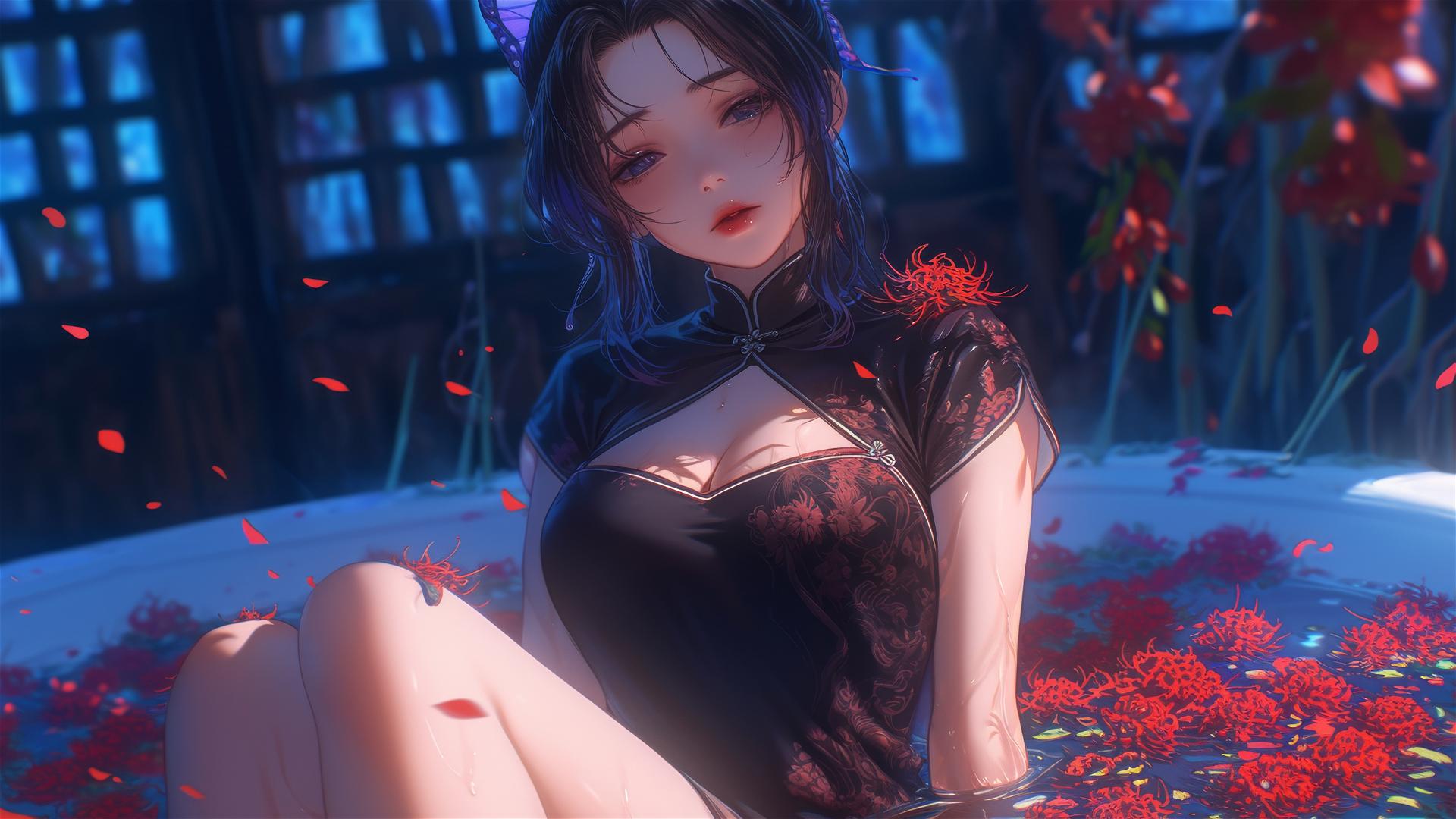 Shinobu Kocho from Demon Slayer in a cheongsam inside a flower-filled tub at a Chinese spa.