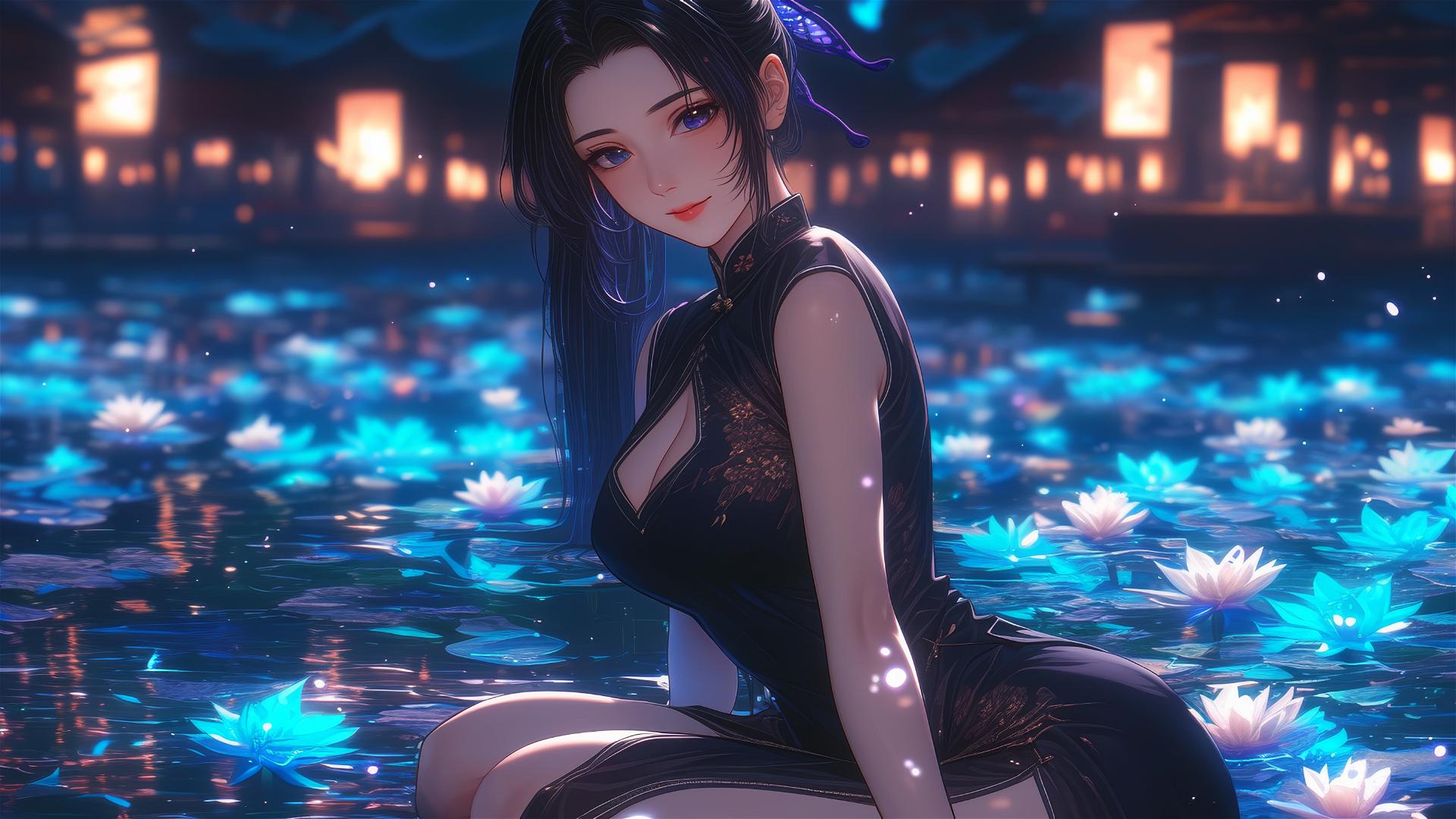 Shinobu Kocho in cheongsam inside a tub full of flowers