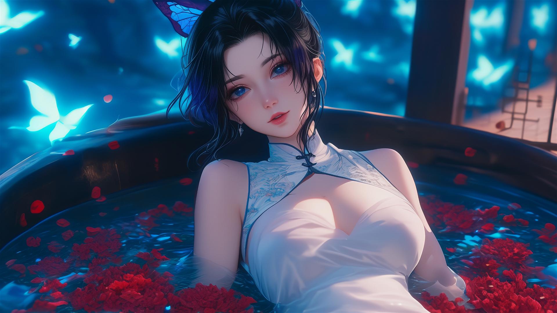Shinobu Kocho in cheongsam relaxing in a flower-filled tub at a Chinese spa