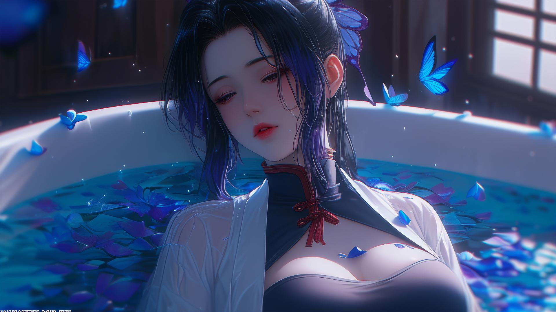 Shinobu Kocho from Demon Slayer in cheongsam in a tub full of flowers at a Chinese spa