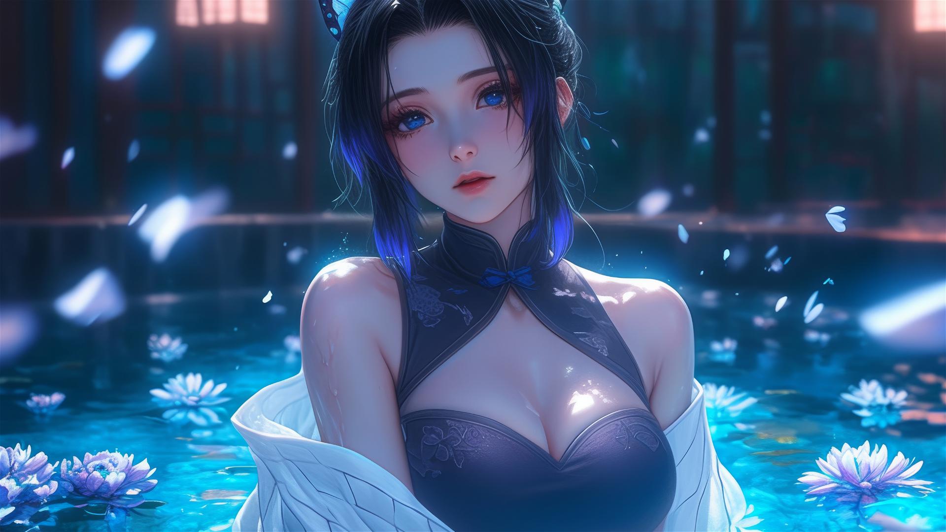 Shinobu Kocho in a cheongsam inside a tub full of flowers at a Chinese spa