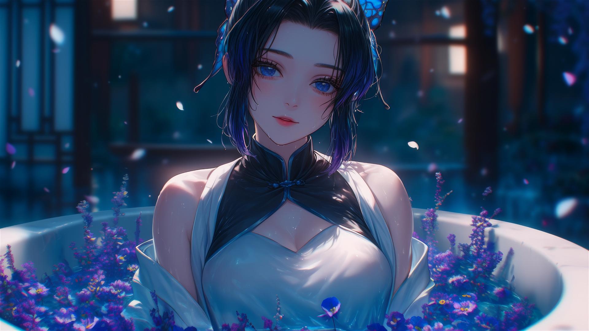 Shinobu Kocho from Demon Slayer in a cheongsam, inside a tub full of flowers.