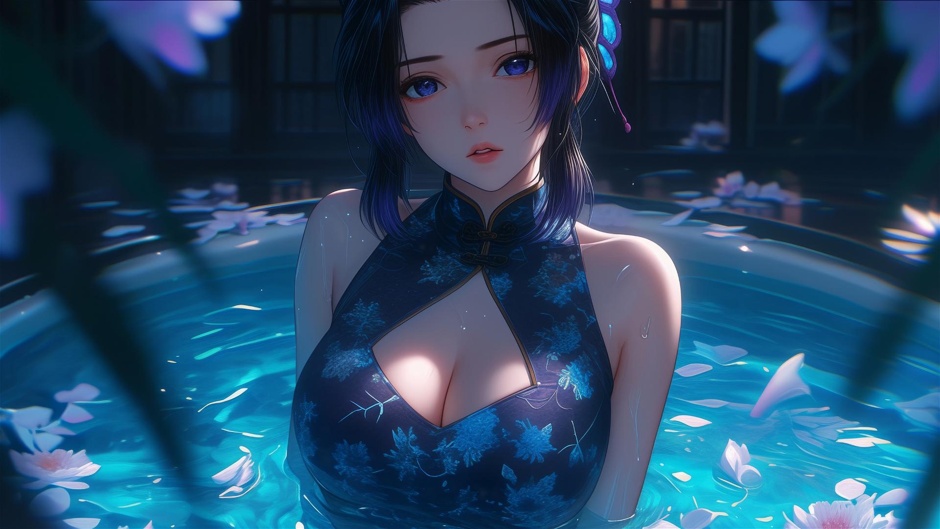 Shinobu Kocho in cheongsam in flower-filled tub at Chinese spa