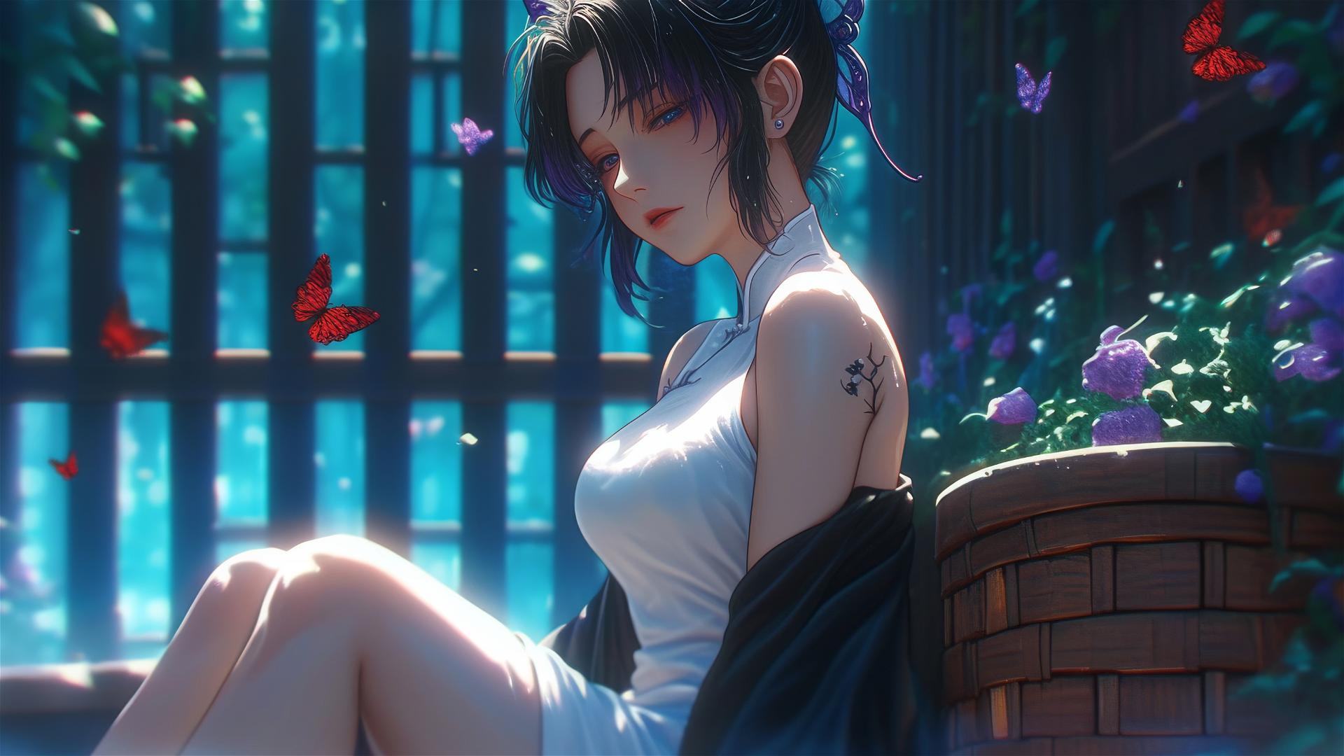 Shinobu Kocho in white dress, sitting in a tub of flowers at a Chinese spa