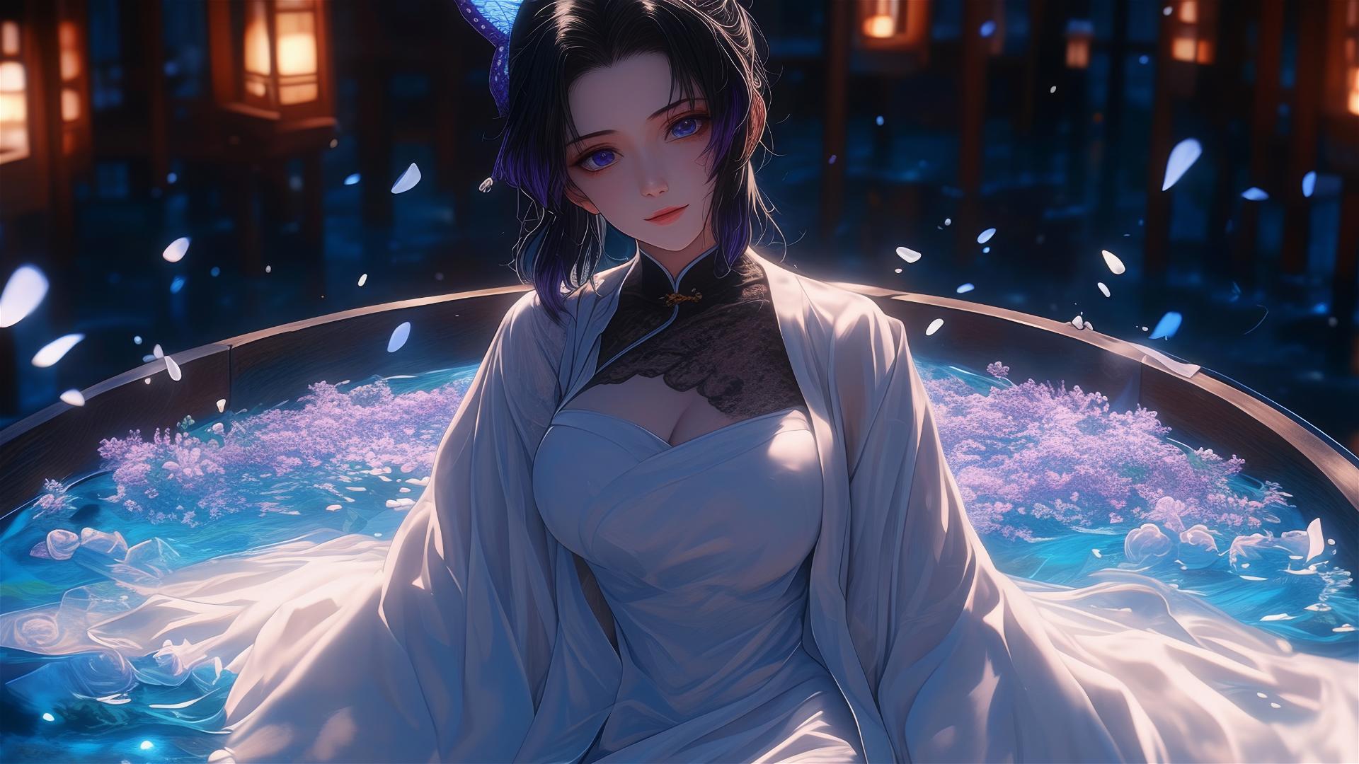 Shinobu Kocho in pure white dress inside a tub full of flowers at a Chinese spa